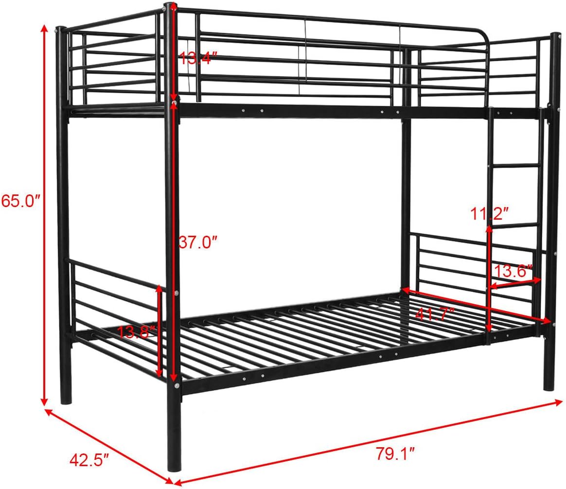 Black Metal Twin Over Twin Bunk Beds Ladder Kids Teens Dorm Bedroom Furniture Allblessings