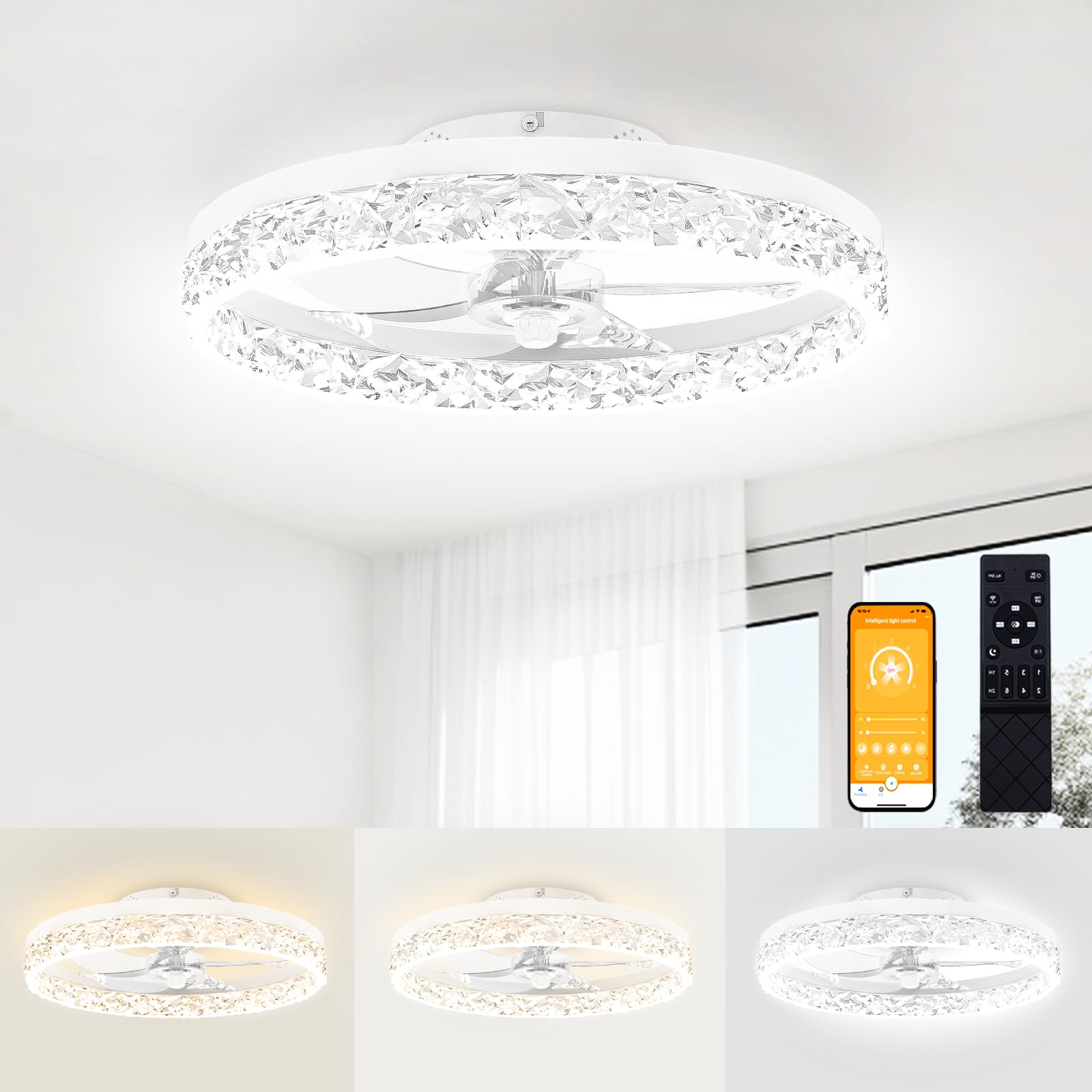 View 1 of VOLISUN Modern Ceiling Fans with Lights and Remote, 19.7in Low Profile Ceiling Fan Flush Mount, 3000K-6500K Dimmable Bladeless LED Fan Light, White Fandelier Ceiling Fans with Lights for Bedroom