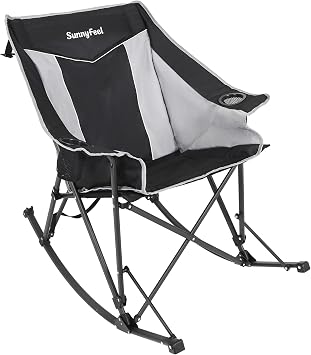 SUNNYFEEL Oversized Folding Rocking Camping Chair Fully Padded Patio Chair Black Portable Outdoor Rocker High Back Portable Lawn Recliner with Side Pocket Camp Rocker Chairs Heavy Duty 500 LBS