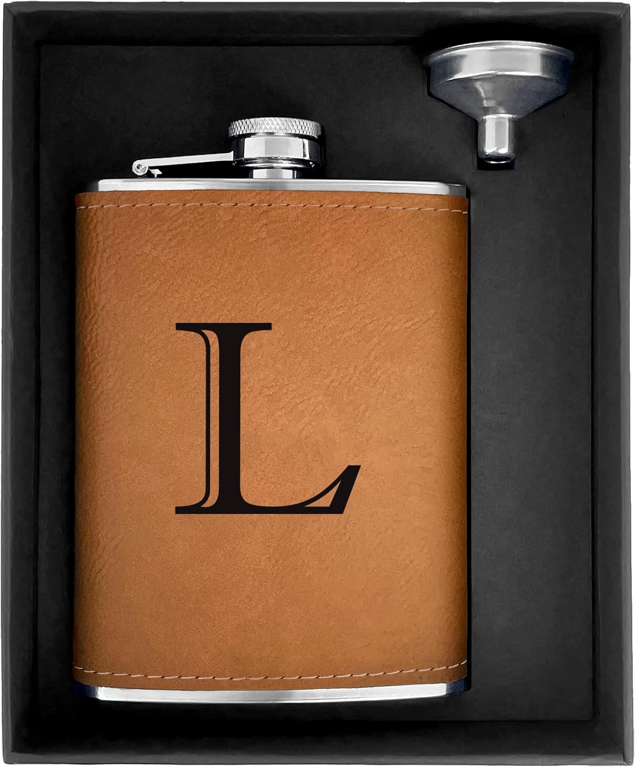 CARAKNOTS Hip Flask for Men Leather Engraved Drinking Whiskey Flasks for Liquor with Initials Stainless Steel with Funnel 8 oz Groomsmen Gifts Personalized Christmas Birthday Gifts for Dad Letter L