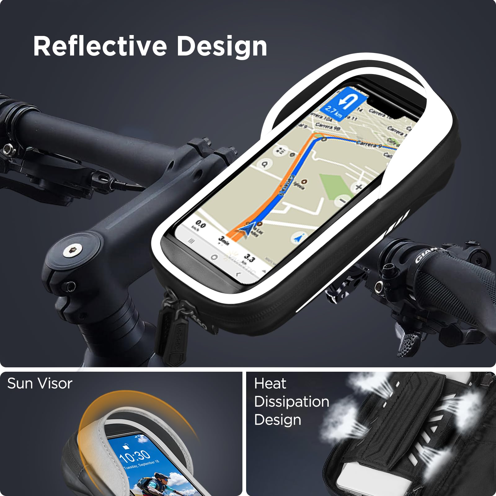 Porte Téléphone Vélo Etanche Réfléchissant avec Housse de Pluie Rotation 360, Sacoche Guidon pour Smartphone 7 Pouces