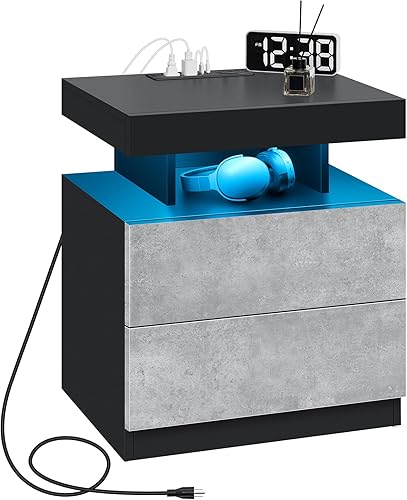 Miniatura 49 de HOMMPA Mesita de noche LED con estación de carga inalámbrica y puertos USB, soporte de noche de 3 cajones con luz LED RGB de brillo ajustable,