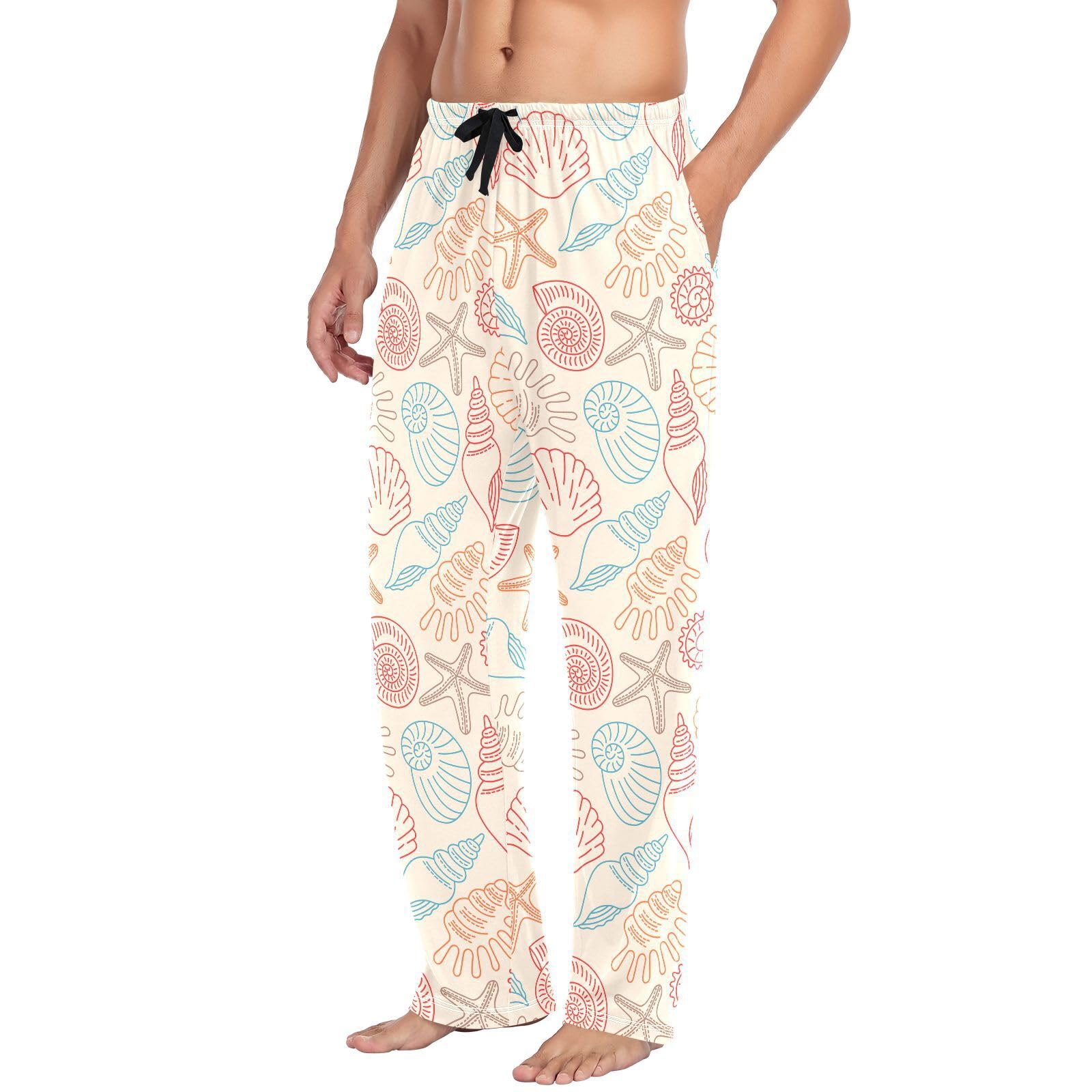 Pyjamahose für Herren, Motiv: Doodle Seashells, Sea Life Herren-Pyjamahose, 100 % Baumwolle, Schlafhose, gerade Passform, Pyjamahose mit Taschen, Kordelzug, Größe L, mehrfarbig, L