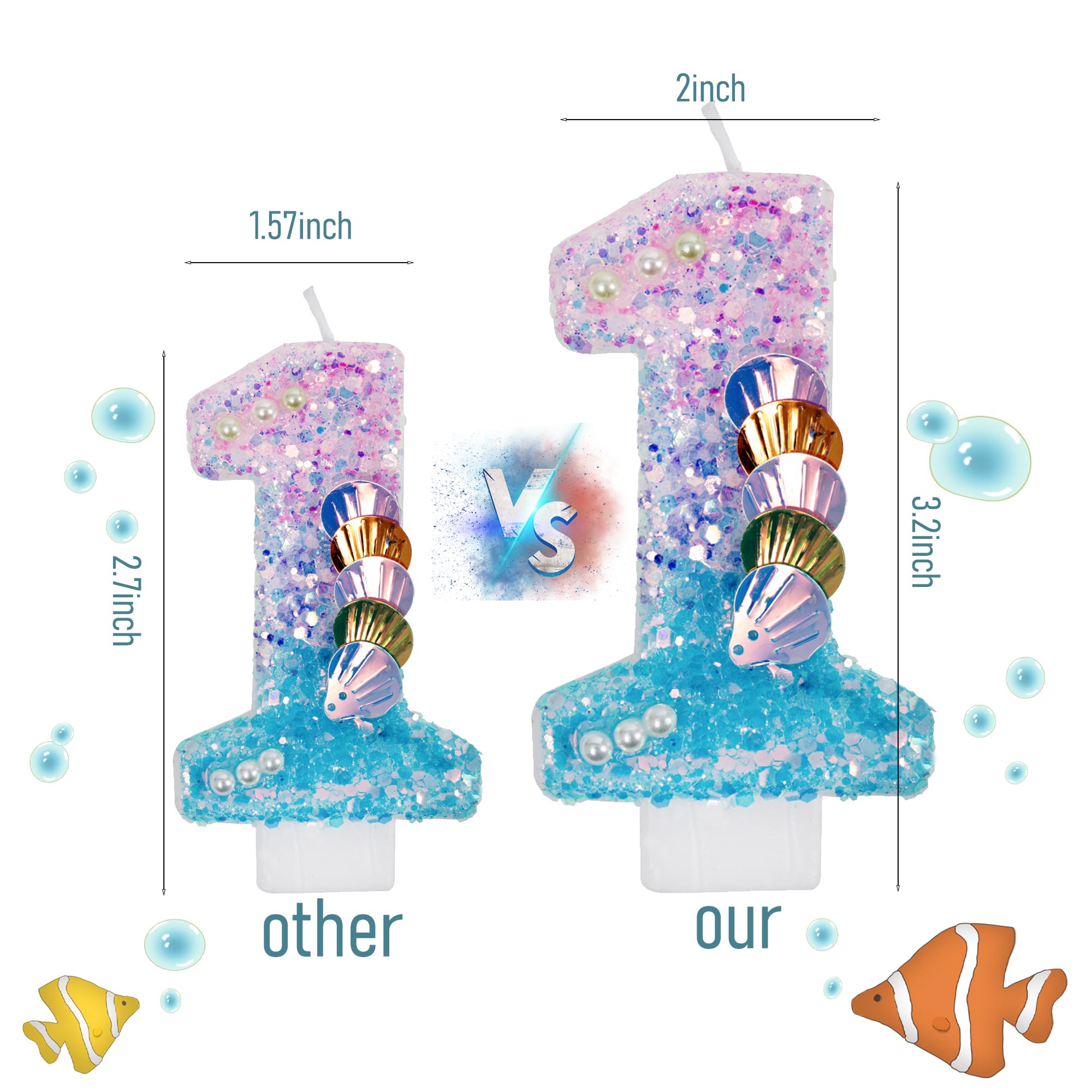 Vela de primer cumpleaños para niña – Sirena número 1 velas decoración de pastel para fiesta bajo el mar – Vela brillante con perlas y conchas – Variouslife