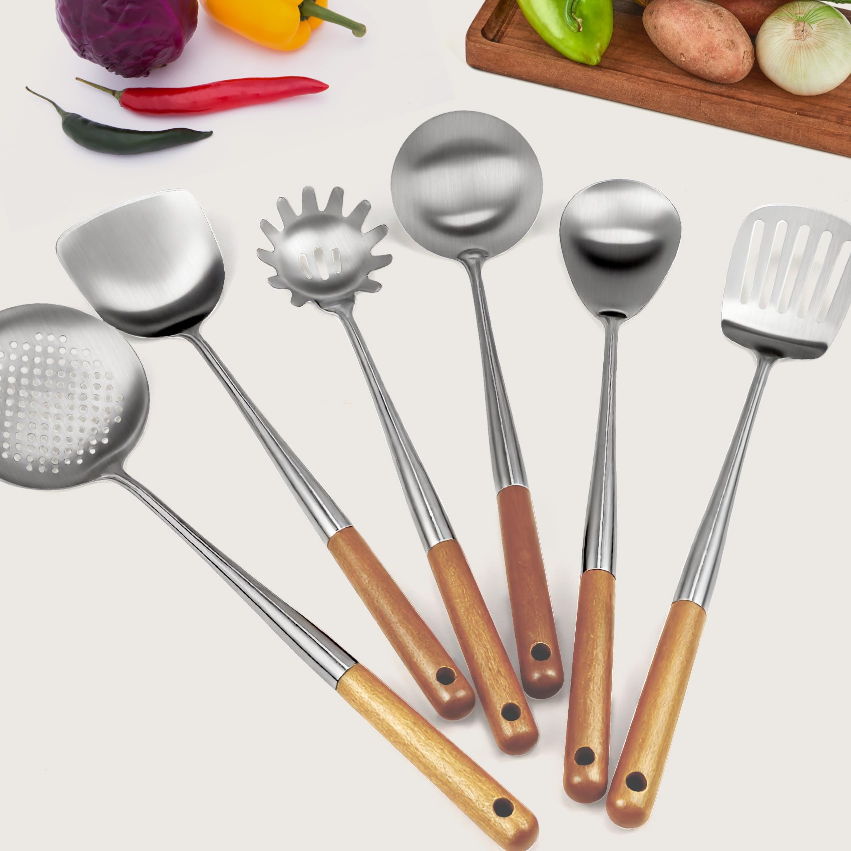 Set di 6 utensili da cucina commerciali in acciaio inox con manici in legno, set di utensili da cucina lunghi in metallo, include spatola wok, mestolo, schiumarola, spatola scanalata, cucchiaio per