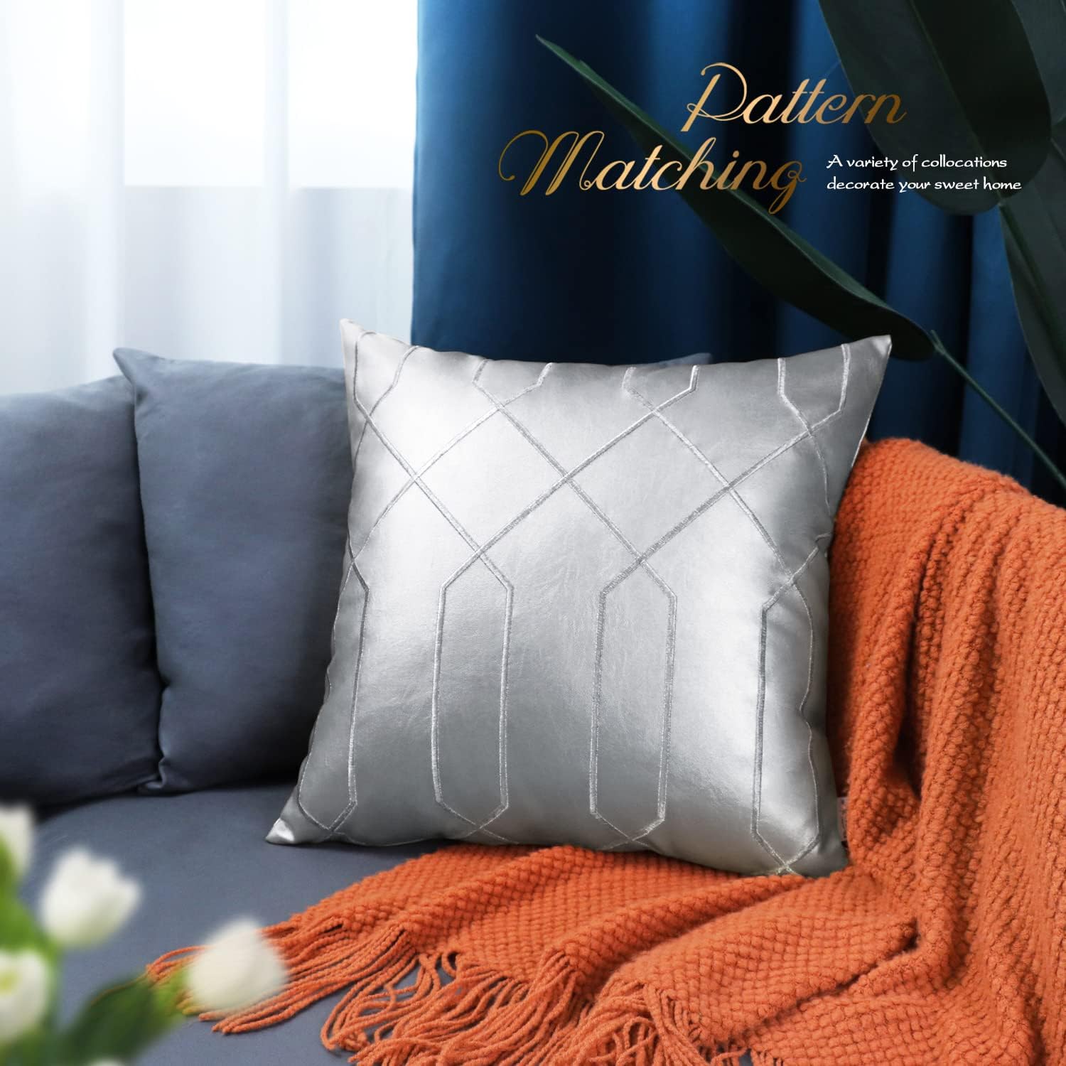 BRAWARM Leather Pillow Covers 22 X 22 Inches - Silver Faux Leather Pillow Covers Pack of 2, Geometric Embroidery Leather Decorative Throw Pillows for Living Room Couch Bed Sofa Home