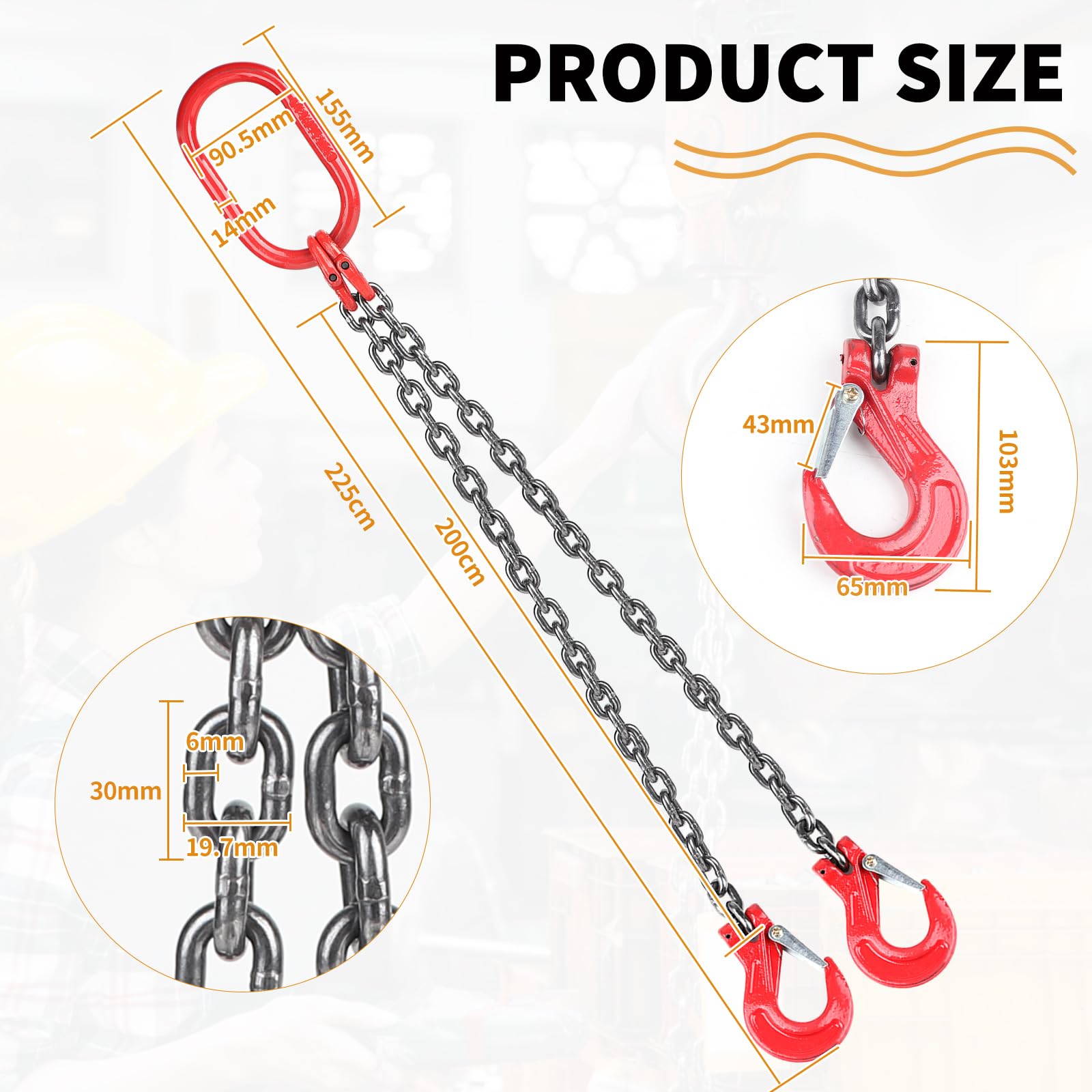 DBREAKS 2-Strang Kettengehänge, 2m 2T Krankette, Forstkette Rückekette, Anschlagketten mit Ø8mm Chokerkette Gabelkopfhaken, G80 Motorhebekette, Hohe Festigkeit Krangehänge
