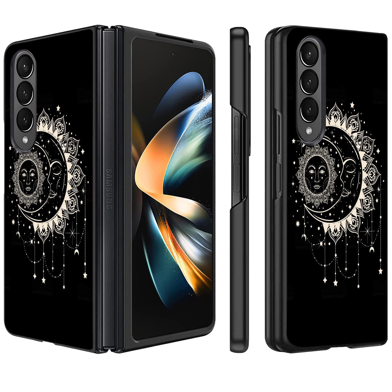 ZXHSBROK for Samsung Galaxy Z Fold 4 Phone Case, Moon and Sun Delicate Pattern Design Slim Fit Hard PC Shockproof Anti-Scratch Fold Protective Case