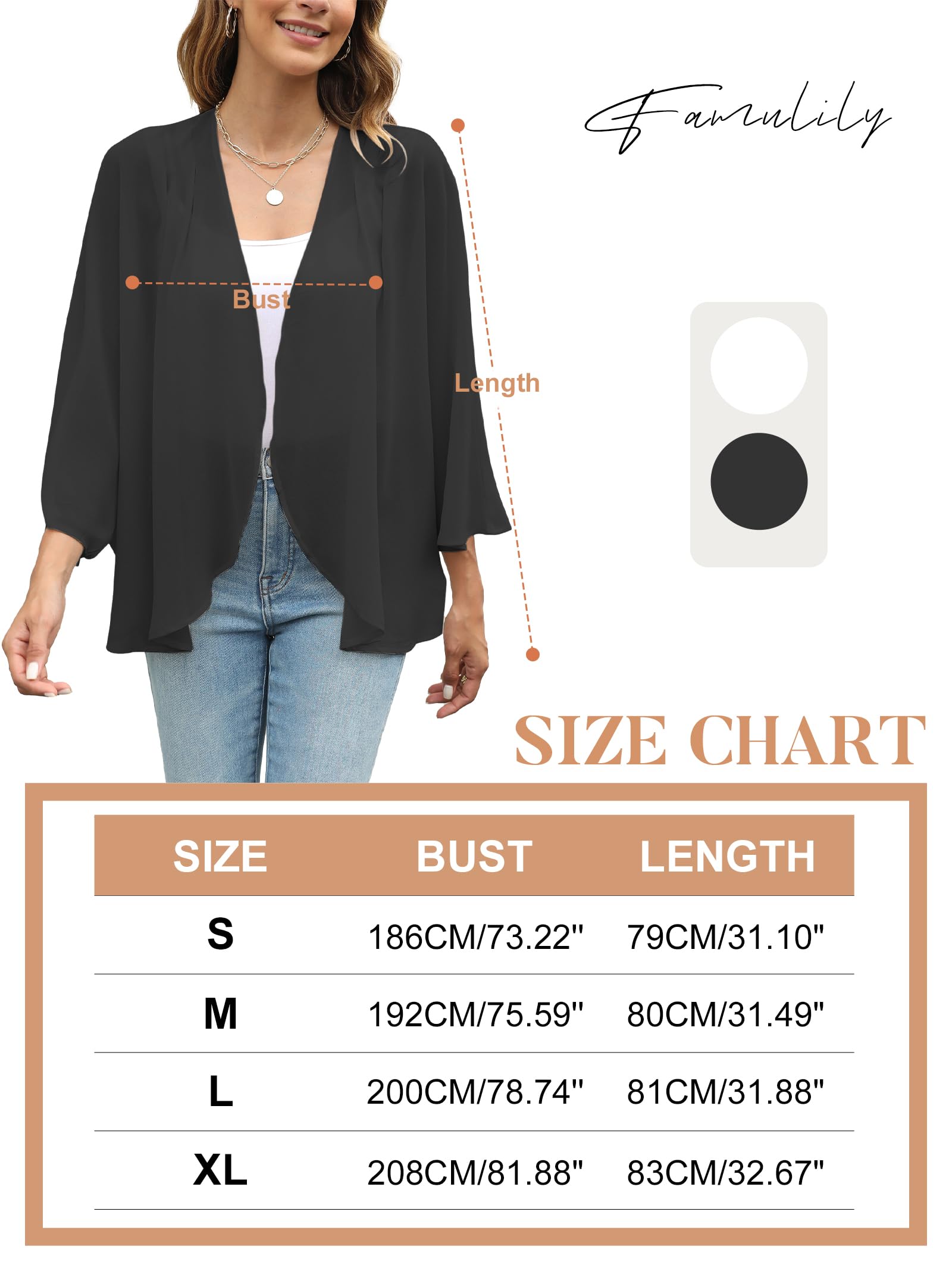 Famulily Cárdigan tipo kimono de gasa para mujer del Reino Unido, holgado, frente abierto, kimono para mujer, top elegante de verano