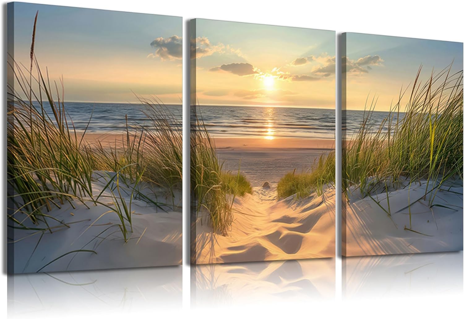 3Pcs Blue Beach Scenery Canvas Wall Art Coastal Ocean Landscape Poster Print Sunshine Beachy Grass Sunset Picture Modern Seaside Artwork Painting Wall Decor for Living Room Bedroom 12x16in Framed