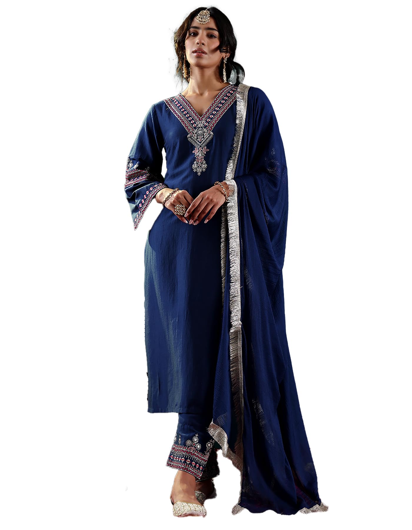 Varanga Women Blue Embroidered Straight Kurta Paired With Tonal Embroidered Bottom And With Tonal Chiffon Dotted Dupatta