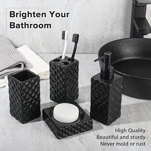 Miniatura 5 de Juego de accesorios de baño negro, 4 unidades de accesorios de baño negro mate, dispensador de jabón de diamante de cerámica y soporte para cepillo