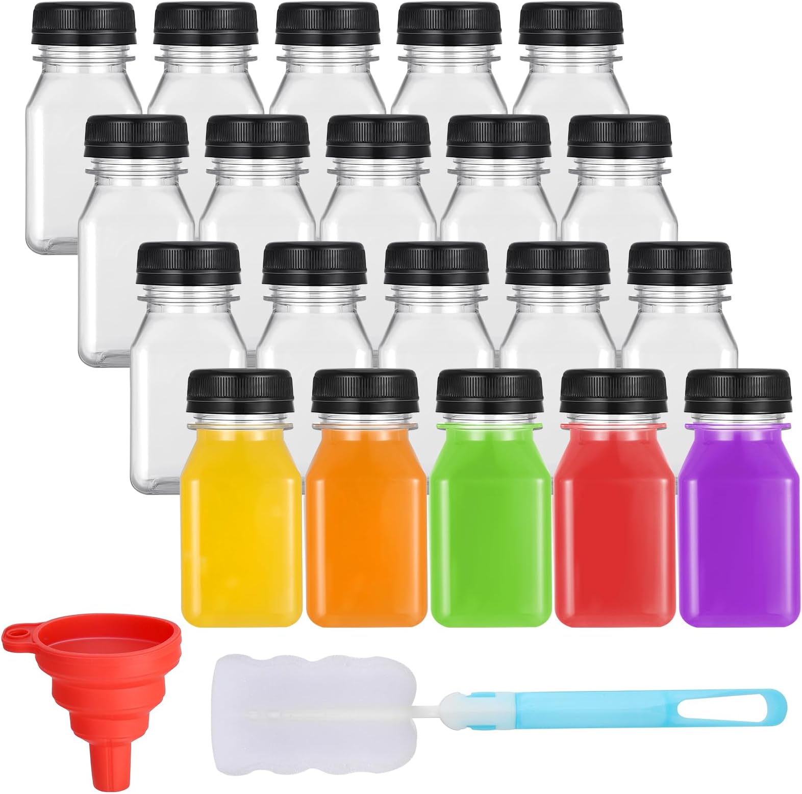 20 Pack 4oz/120ml Plastic Juice Bottles with Black Lids, with Pouring Funnel and Brush, Empty Reusable Drink Containers for Smoothie Juice Milk, Water and Other Beverages, Black,transparent