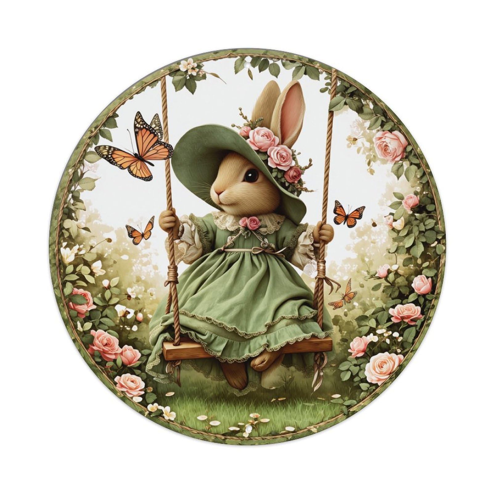 Rabbit In Green Dress On Swing Round Tin Sign Retro Metal Sign for Cafe Bar Pub Home Game Room Gym Club Wall Decoration Vintage Metal Poster 8x8 Inch