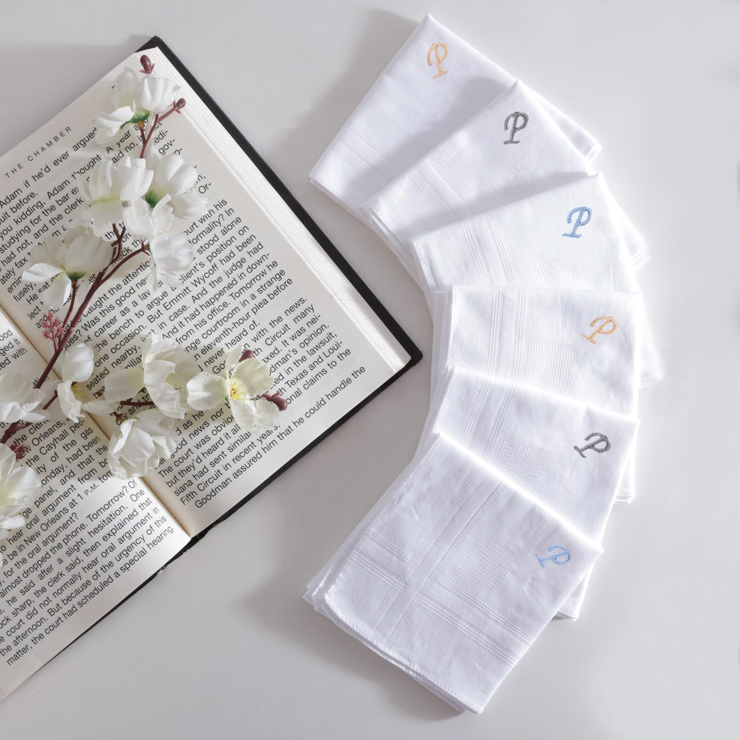 Bonjour Men's Premium White Cotton Handkerchief With Alphabetical Initial - Pack Of 6 (P), P, Free