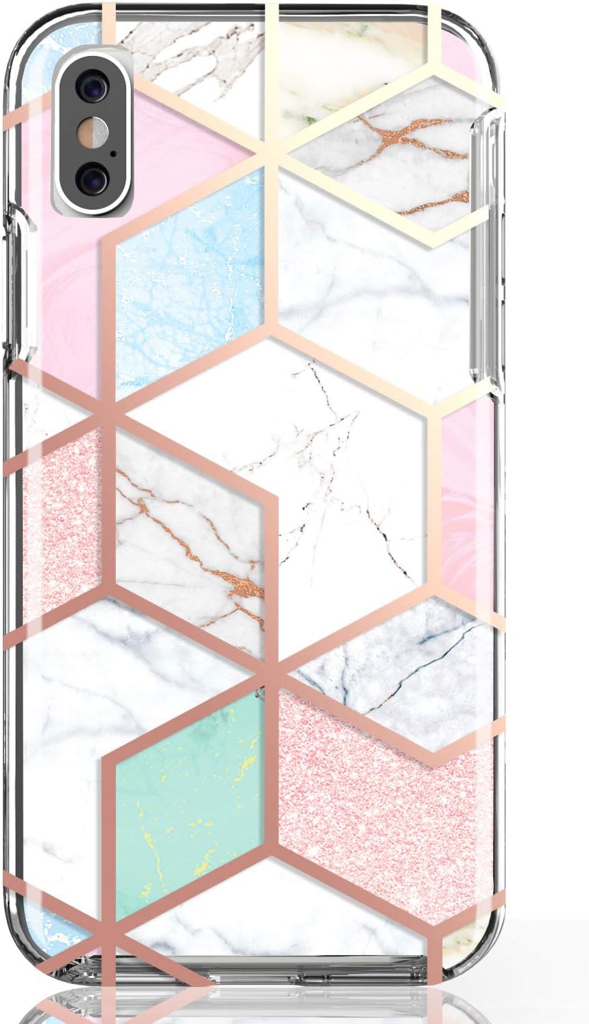 JAHOLAN Compatible iPhone X iPhone Xs Case 3D Design Actual Glitter Sparkle Marble Clear Bumper Cushion Scratch Resistant Shockproof Hard Back Cover Phone Case