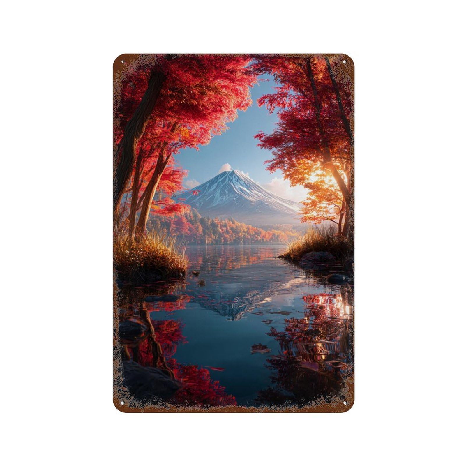 Rusty Metal Tin Sign Autumnal Lake Reflections with Mountain View 11.8"x7.9", Vintage Wall Decor for Shed, Workshop And Garage Wall Decor