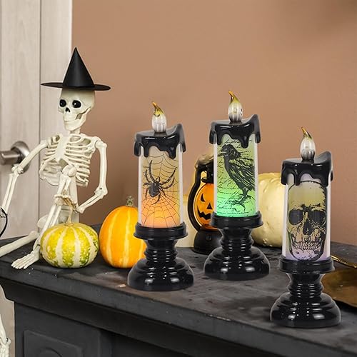 Miniatura 80 de Eldnacele - Velas LED parpadeantes sin llama de Halloween con temporizador de 6 horas, velas de cera que funcionan con pilas, con calcomanías