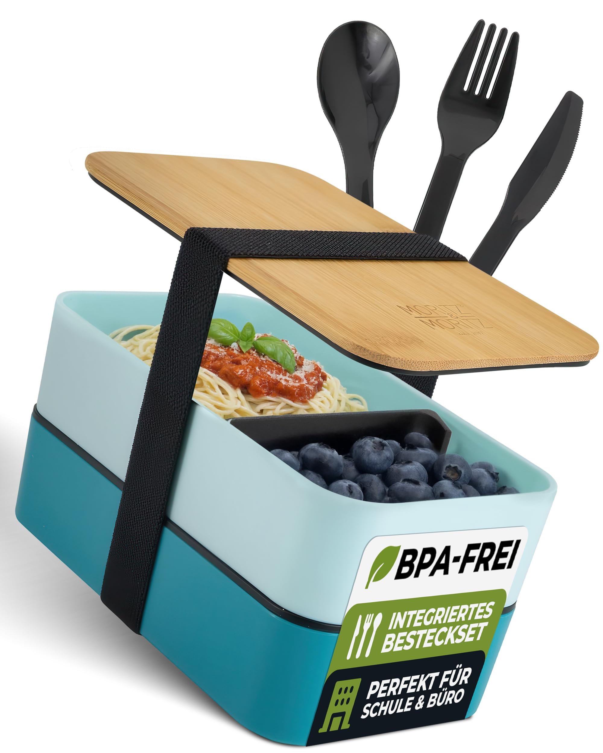 Moritz & Moritz Bento Box Kinder in Blau – Perfekte Lunchbox für Kinder und Erwachsene - Brotdose mit Fächern – Ideal für die Arbeit, Schule und unterwegs