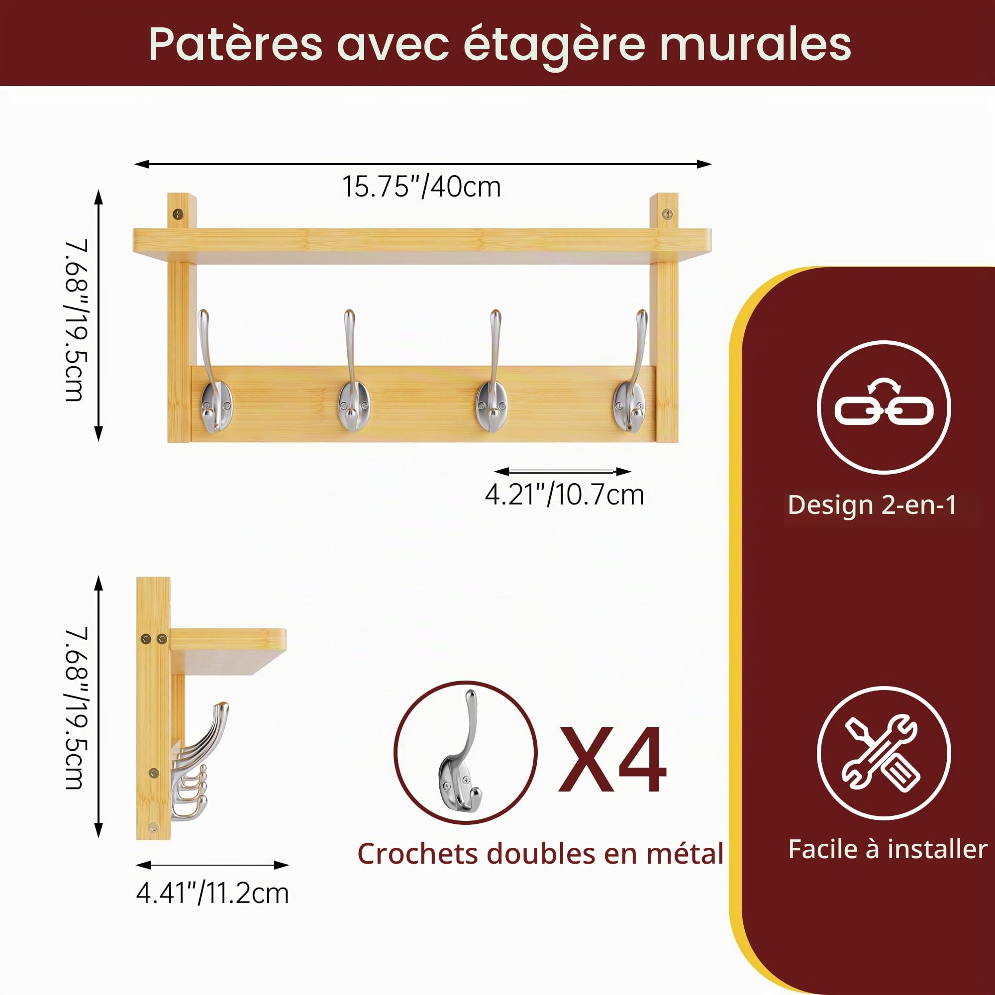 STELLSTAR Porte-Manteau Mural Avec Étagère 80 cm, 2 Paquets de Cintres Muraux en Bambou Avec 8 Crochets Pour l'entrée, le couloir, la cuisine (Naturel)