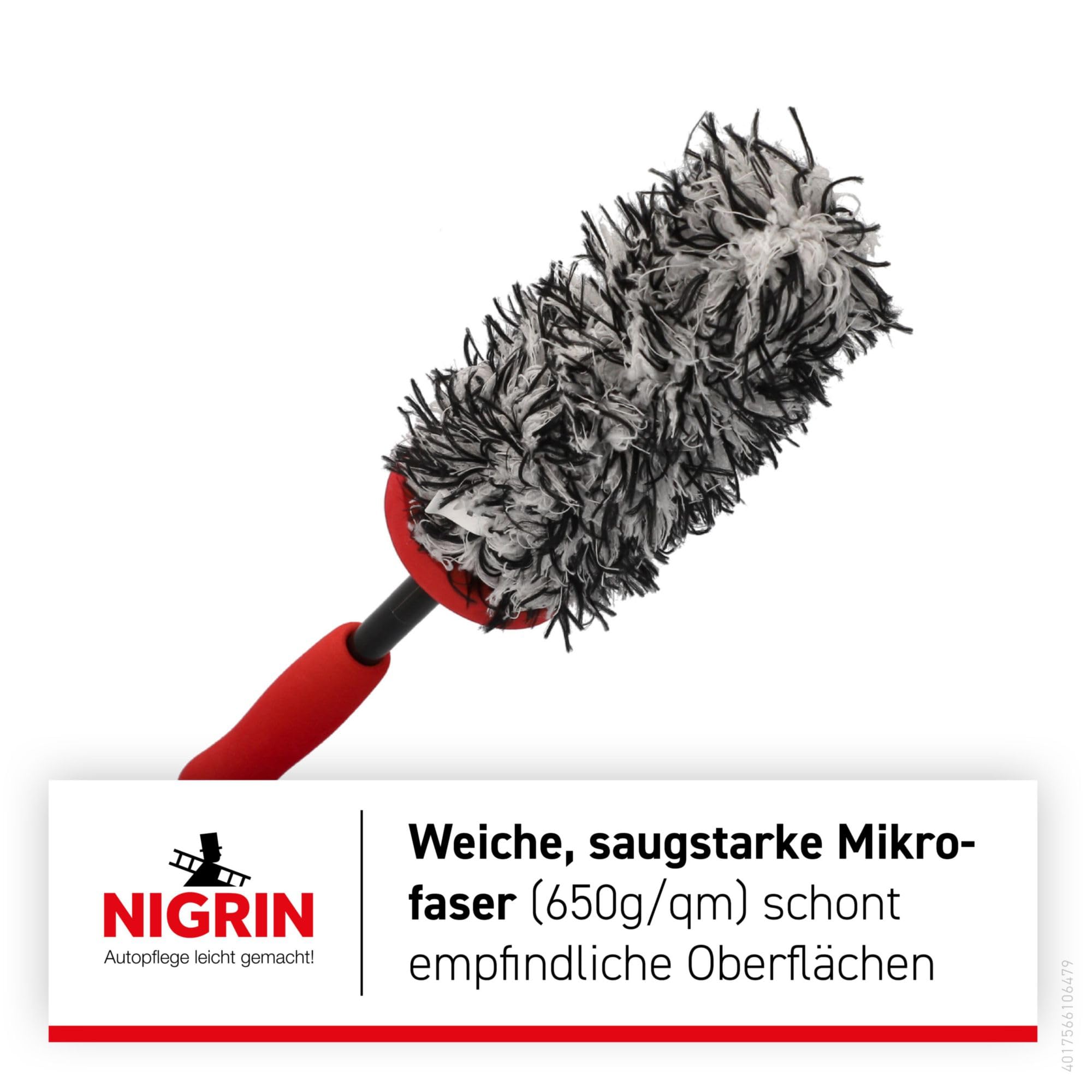 NIGRIN Szczotka do felg z mikrofibry, nie rysuje się, efektywne czyszczenie felg, również do trudno dostępnych miejsc, w zestawie wymienna powłoka, wielokolorowa, 1 sztuka
