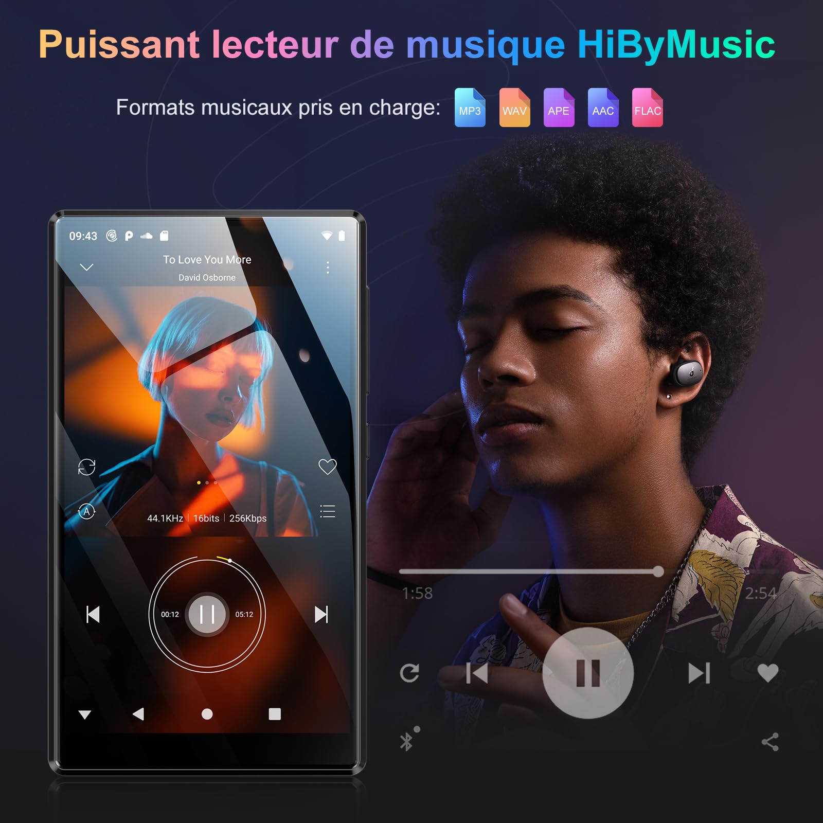 Oilsky 96Go Lecteur MP3 avec WiFi et Bluetooth, écran Tactile de 4,7'' 1280P, Android 13.0, RAM:4 Go, Lecteur MP3 & MP4 avec Spotify, Amazon Music, Play Store (Noir)