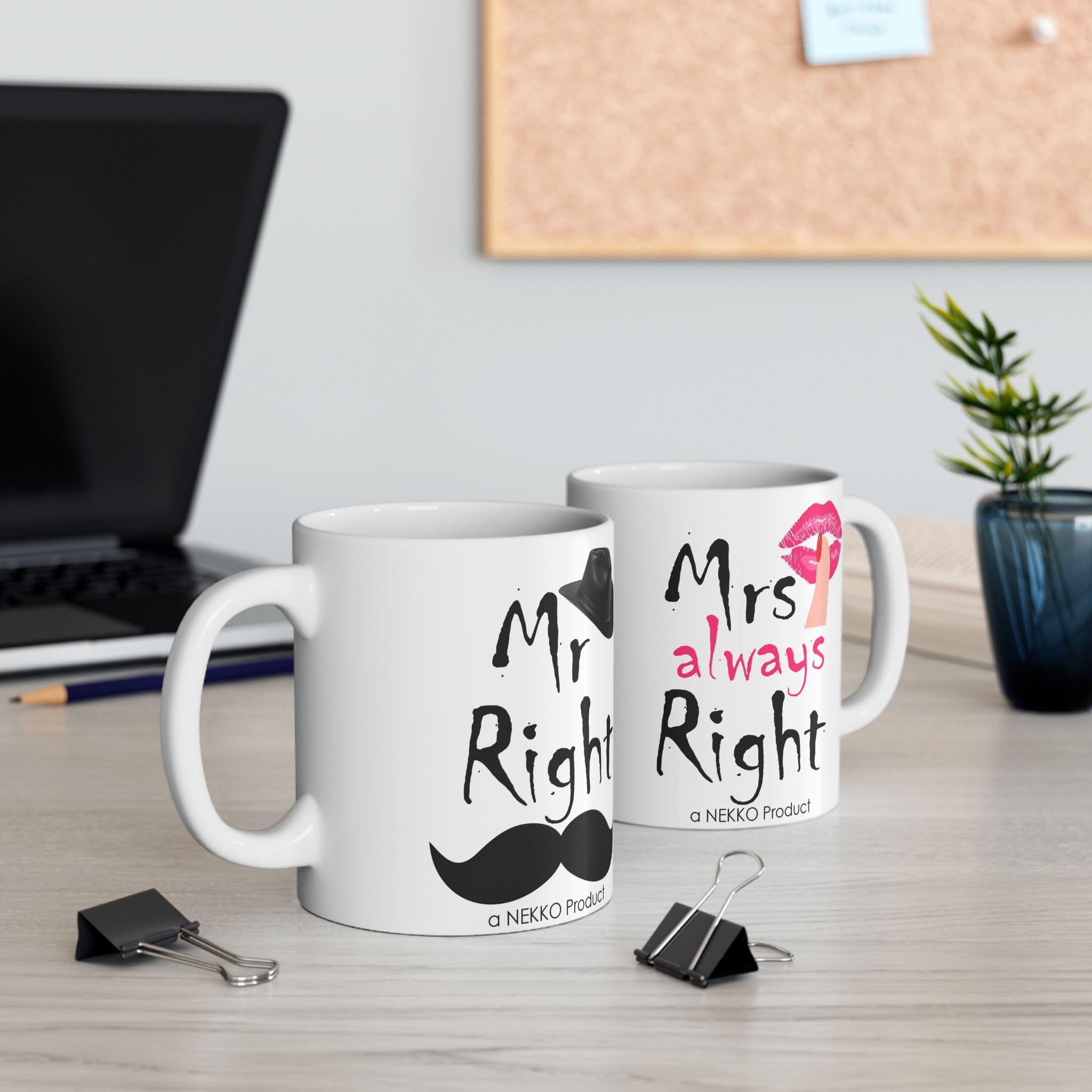 NEKKO Mr Right and Mrs Always Right Printed White Ceramic Coffee Mugs Combo Set | 325 ml | Gift for Anniversary Birthday Valentines Day Wedding for Husband Wife Friends