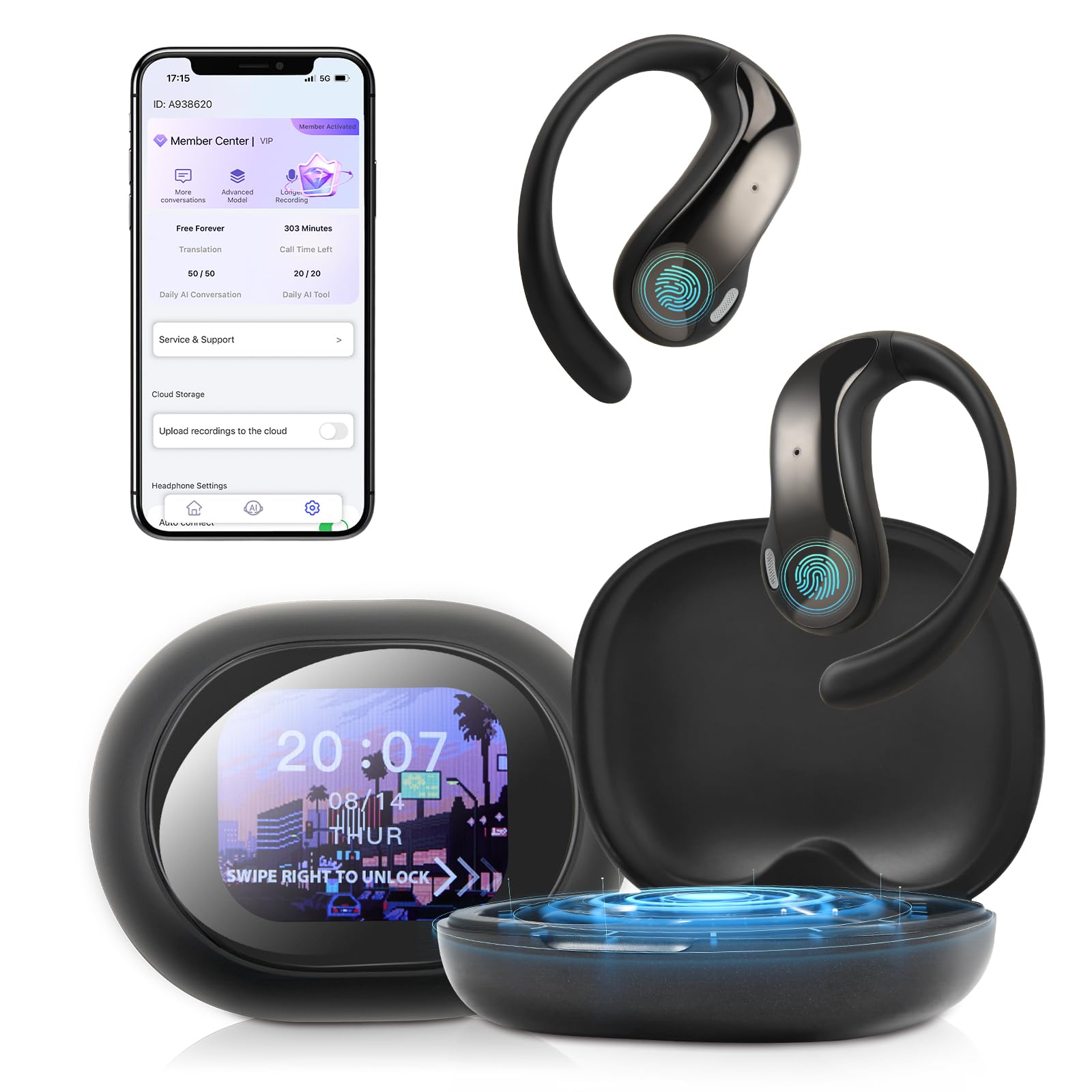 AI Cuffie Traduzione Simultanea,Schermo Lcd Touch,Bluetooth 5.4,Auricolari Traduttori Istantanei,Auricolari Traduttore Senza Fili Per Viaggi,Affari,Studio144 Lingue