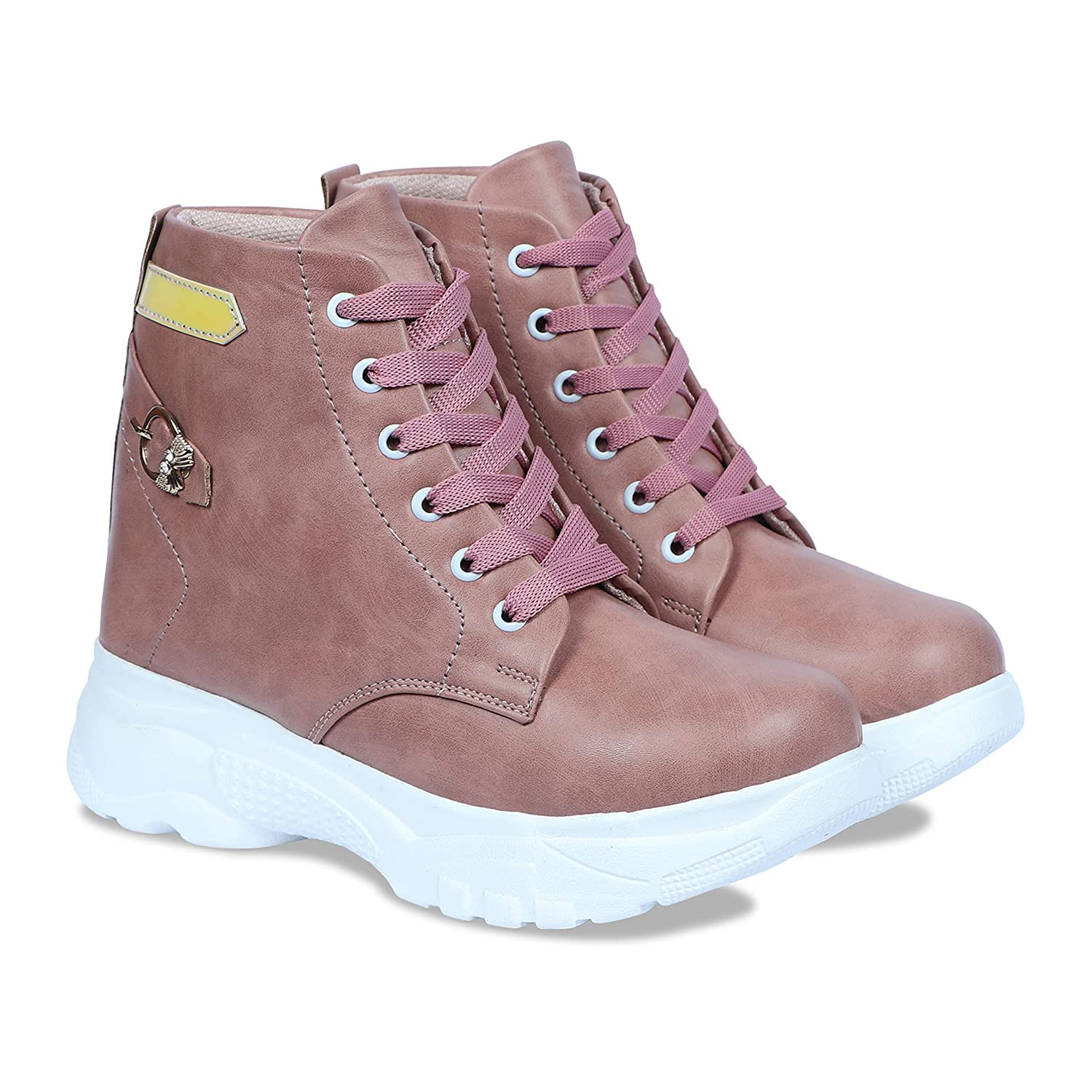 EVOLTAR Synthetic leather Metallics iridescent & buckle ornamented flatform high top ankle boots for women. Peach size- 38 (B0BYZ562HH) Amazon Price History, Amazon Price Tracker