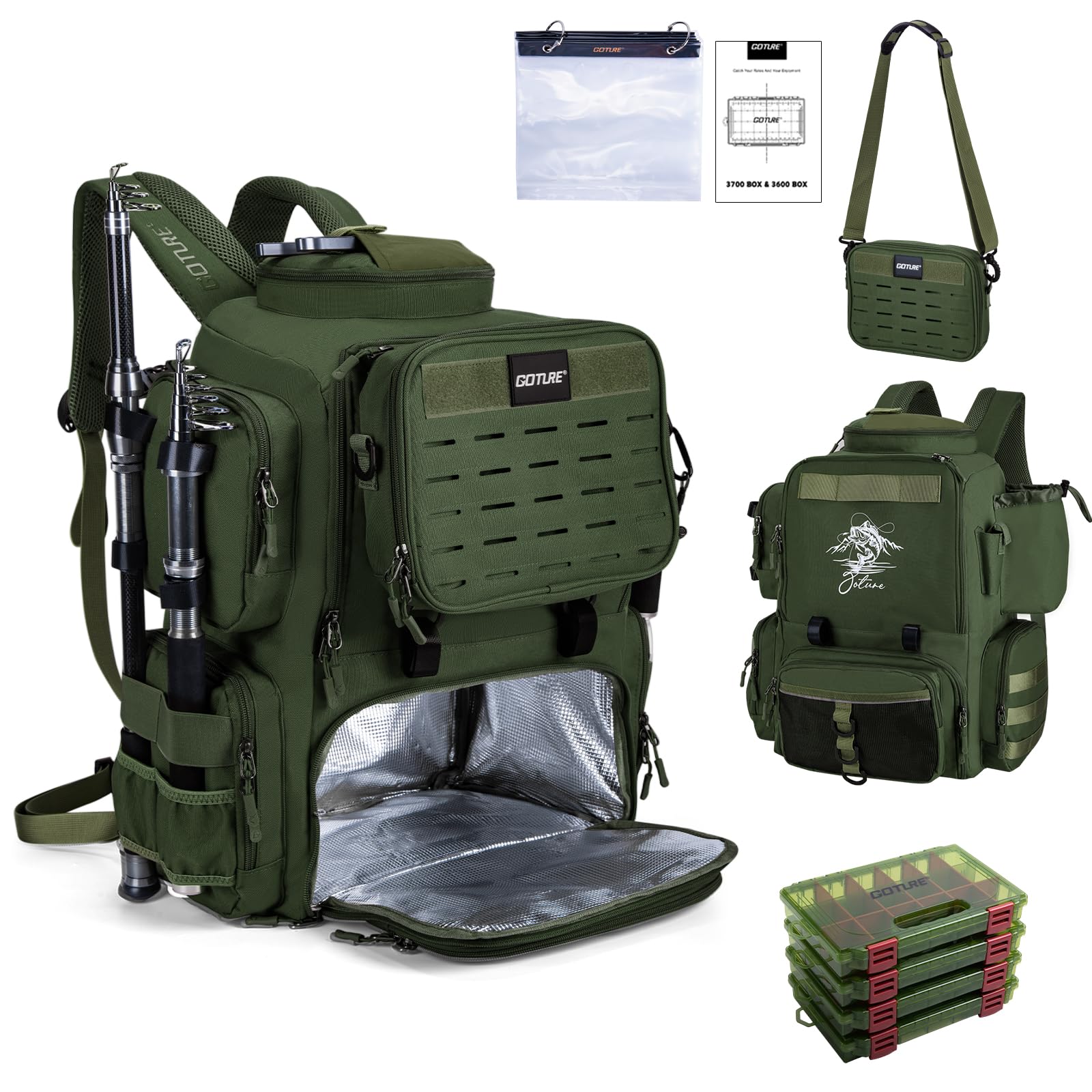 Goture 58L Insulated Fishing Tackle Backpack with Cooler, 4 Tackle Boxes, Detachable Crossbody Bag, 900D Water-Resistant Fishing Bag w/Rod Holders, 8 Lure Pockets, Bottle Holder for Camping Hiking G
