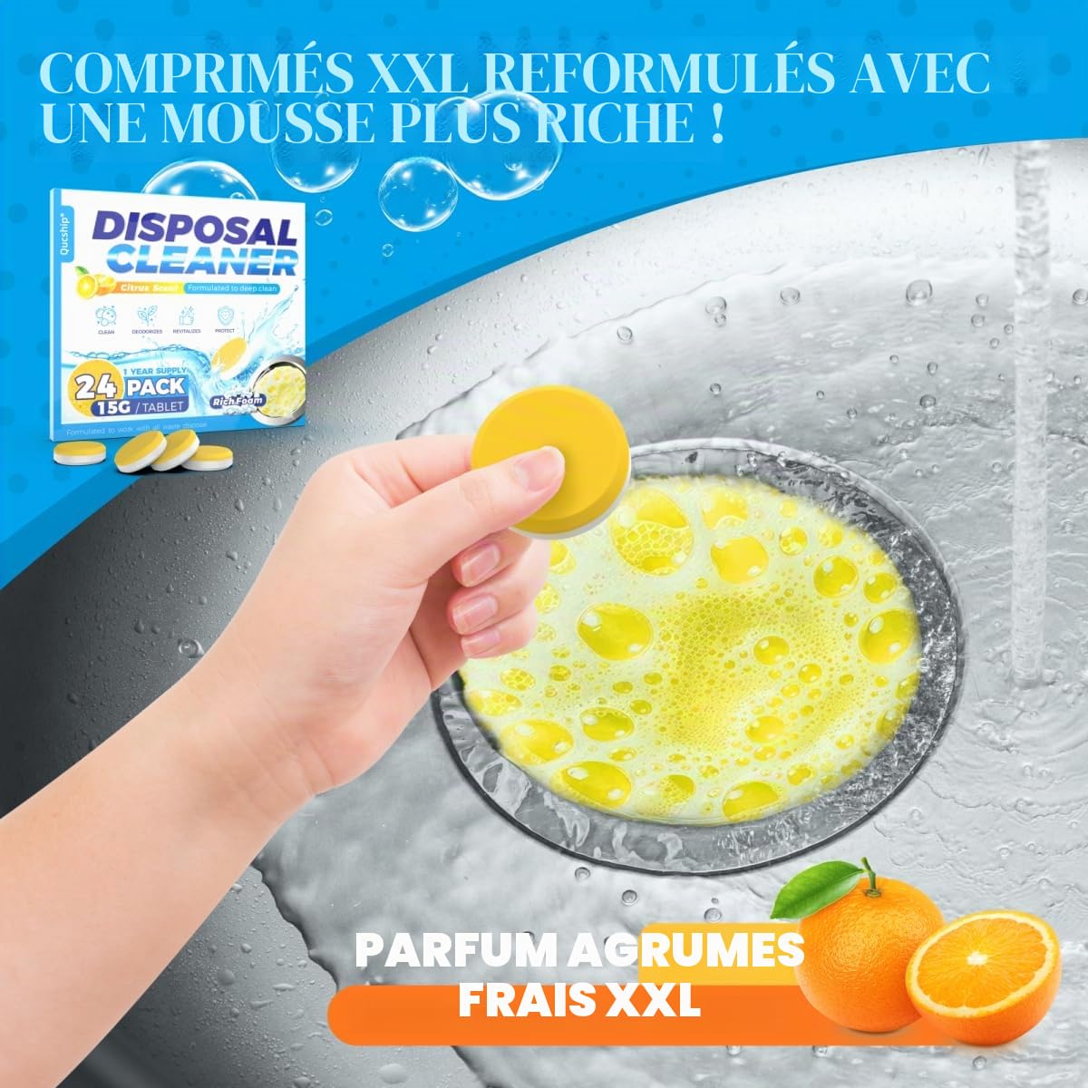 Lot de 24 pastilles nettoyantes et désodorisantes pour déchets - Mousse parfumée aux agrumes - Désodorisant naturel et d'évier - Sans danger pour les fosses septiques de cuisine