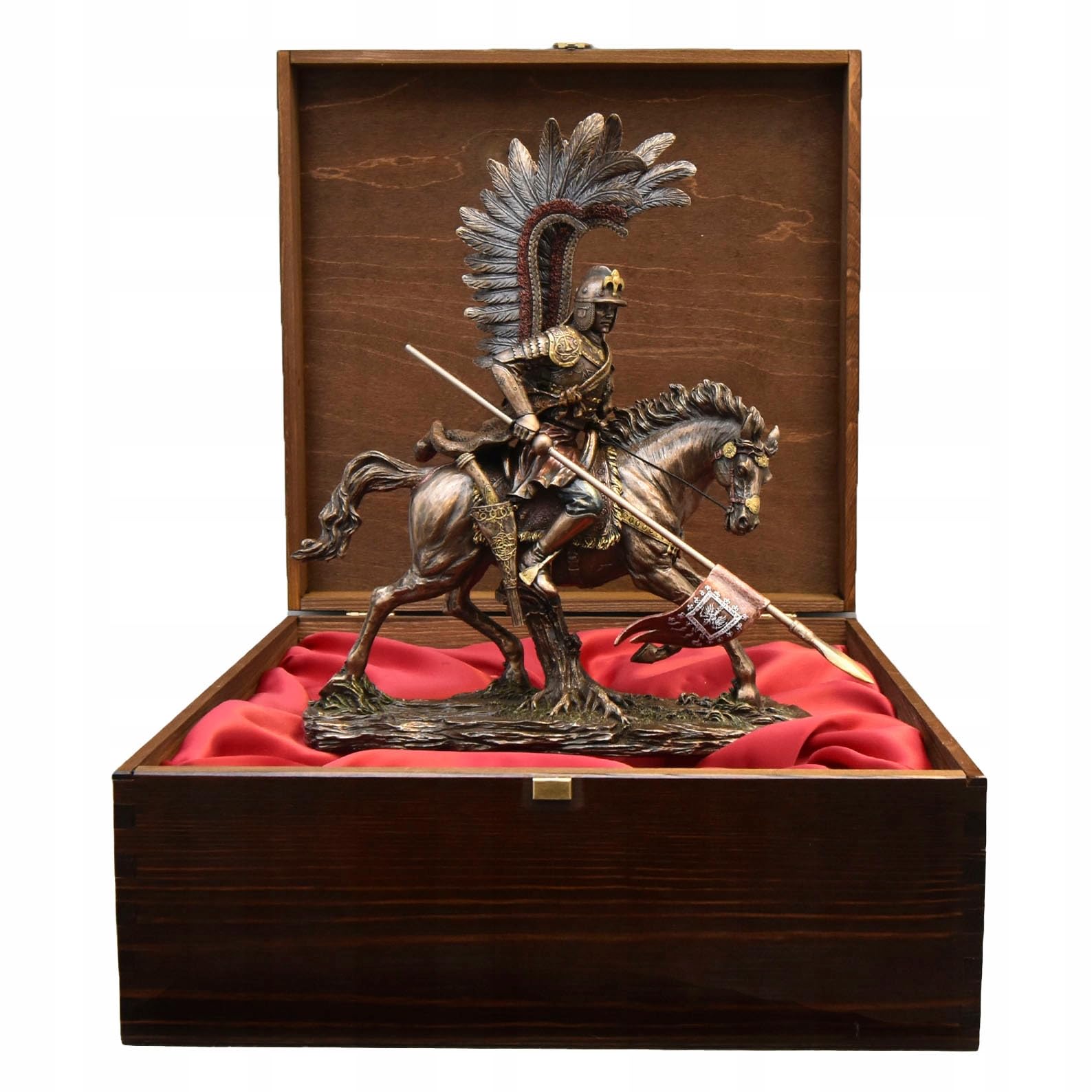 Bronze Sculpture Art - Húsar polaco a caballo, figura de un guerrero polaco histórico en Una elegante caja de madera 32 cm - para un coleccionista - Decoración