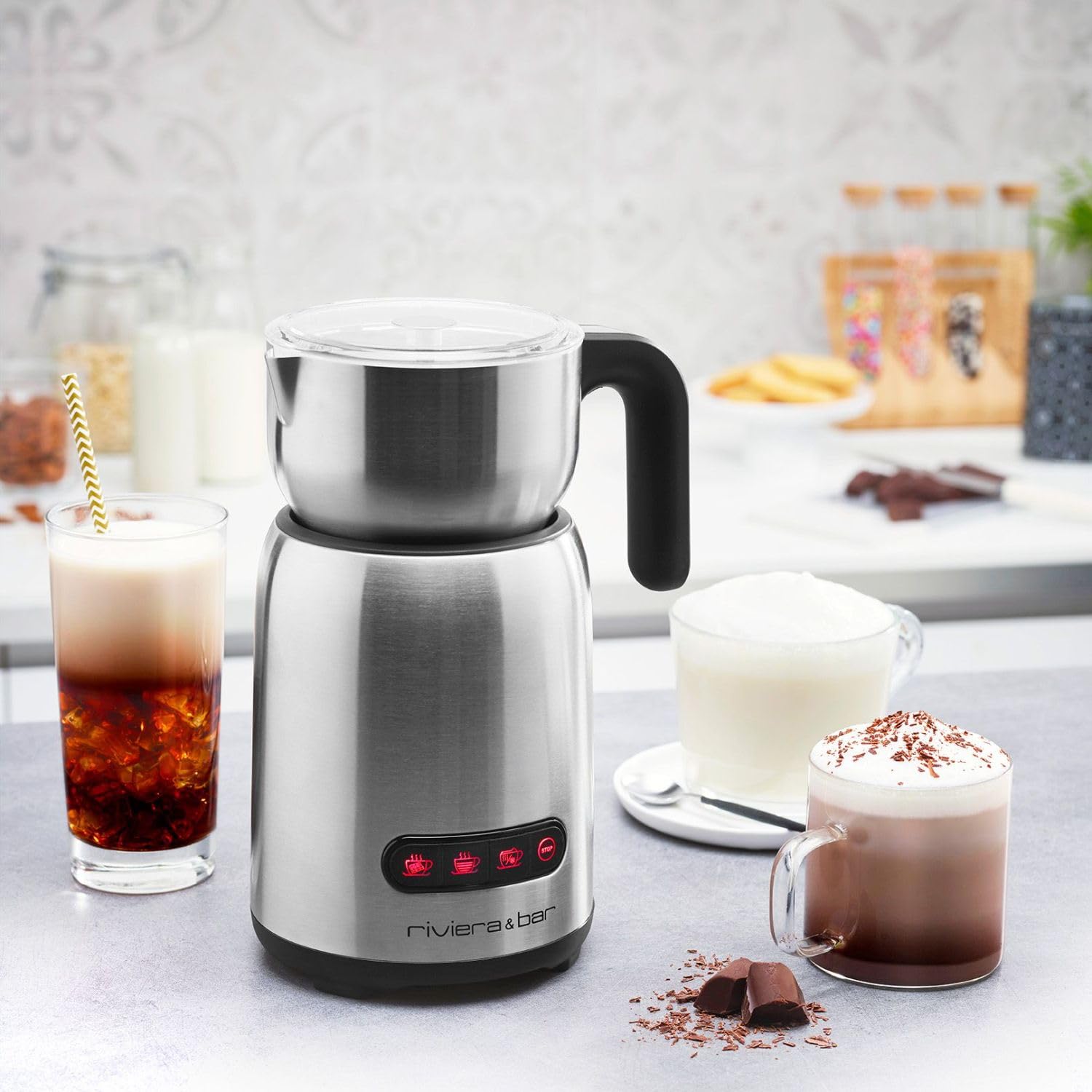 riviera&bar Chocolatière et Emulsionneur Induction 600ml - 650W, 4 Fonctions Préréglées, Pot Pivotant 360° - Compatible Lave-Vaisselle - Sécurité Arrêt Automatique - Inox Noir