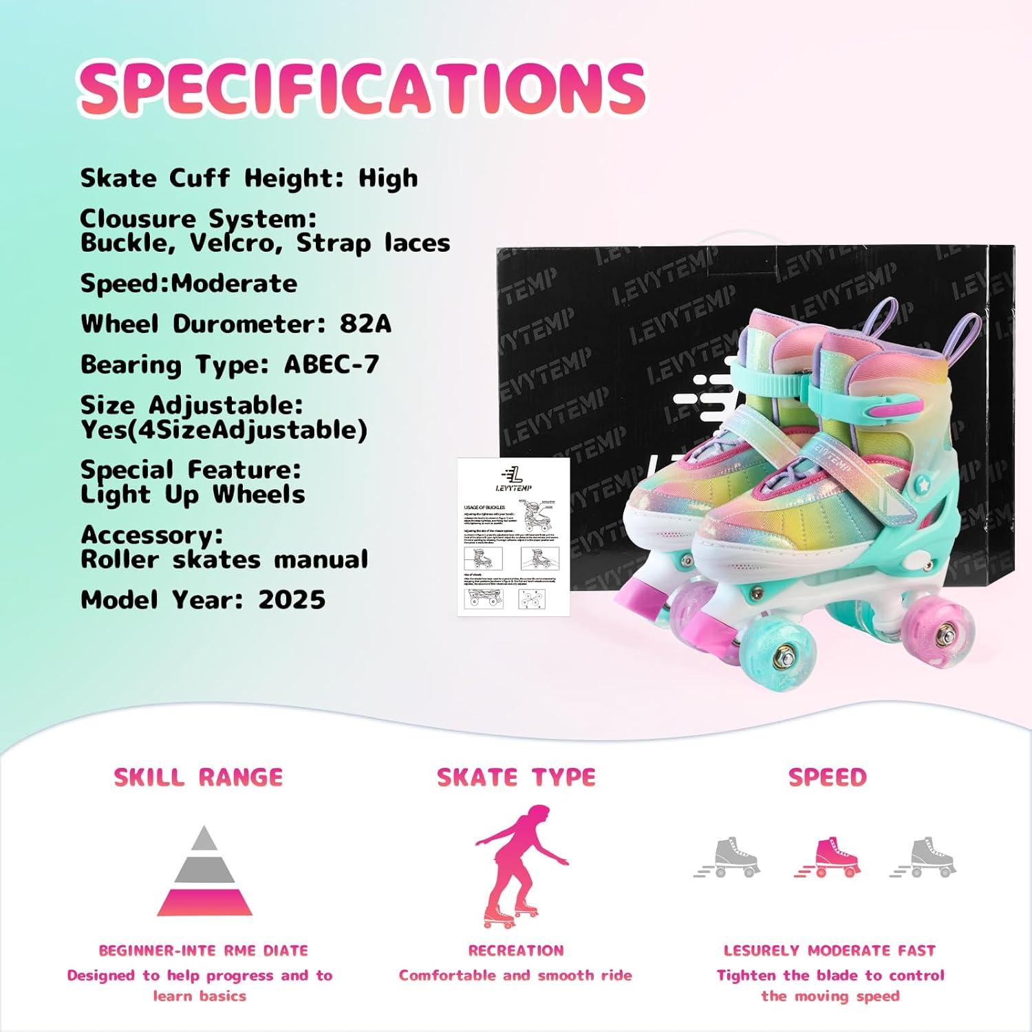Rainbow Roller Skates for Girls Kids, Gradient Pink Purple 4 Size Adjustable Quad Skates Size XS S, M, L Ages 3-12 with All Light Up Wheels for Kids Youth Outdoor Indoor