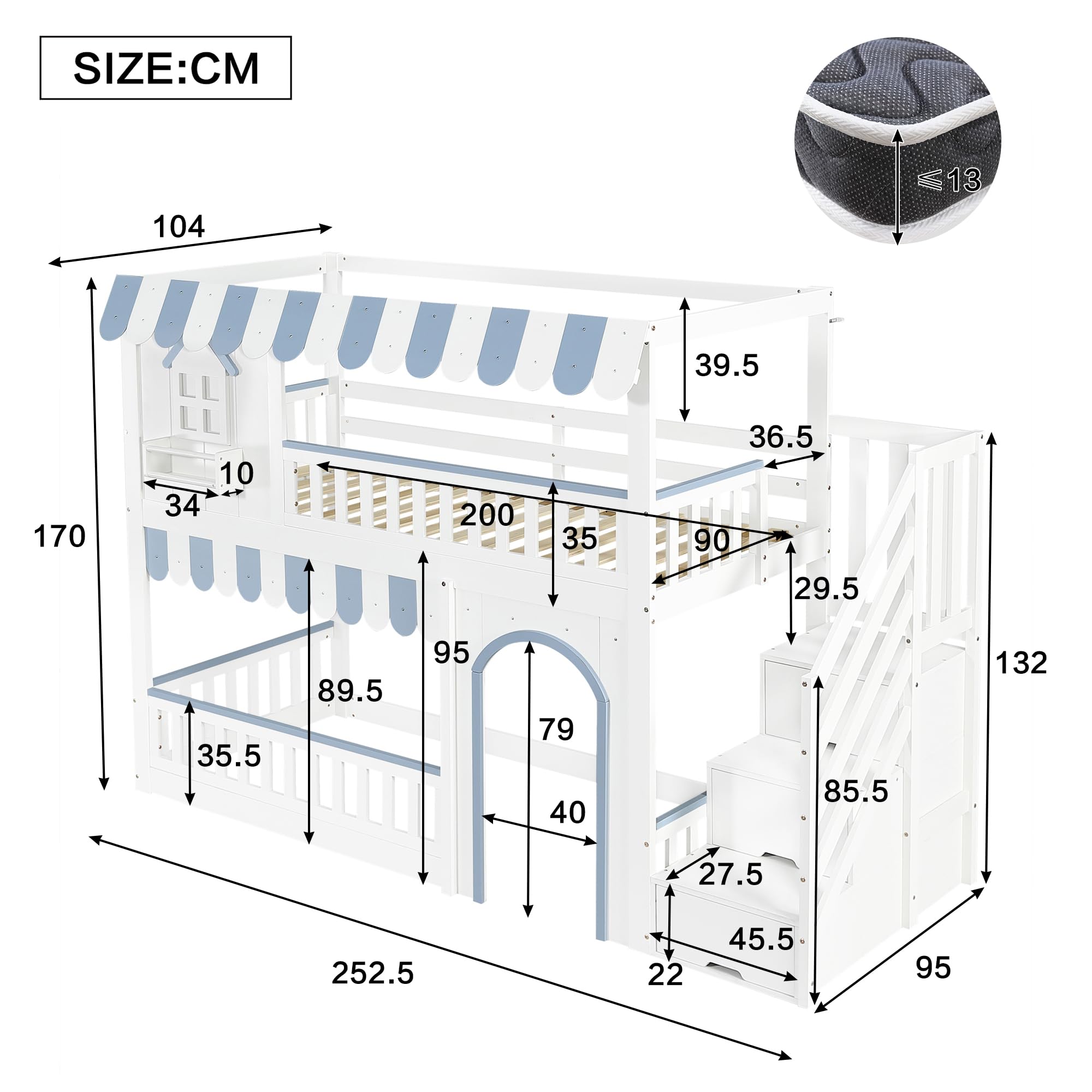 Mrwoo Etagenbett Hochbett 90x200 cm, Kinderbett mit Fenster, Stauraumbett mit 3 Treppe Schließfächer, Rausfallschutz Geländer, Kiefer+MDF+Sperrholz, Weiß+Blau (Ohne Matratze)