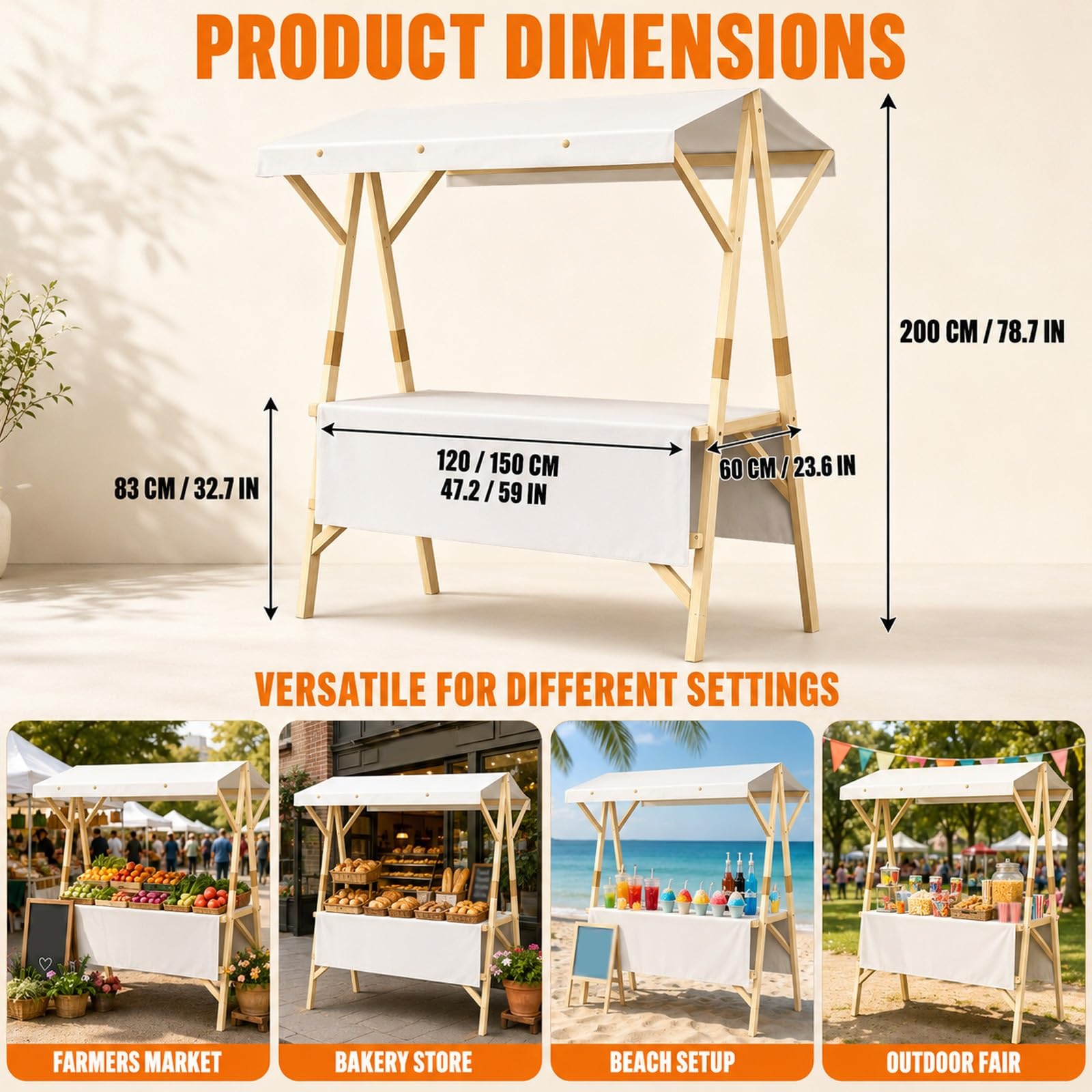 HARELA Genérico Puesto de Mercado con toldo, Puestos Plegables, para Venta De Alimentos, Carrito De Comida Callejera De Madera para Tiendas Mercados(Pink B,150cm/59in)