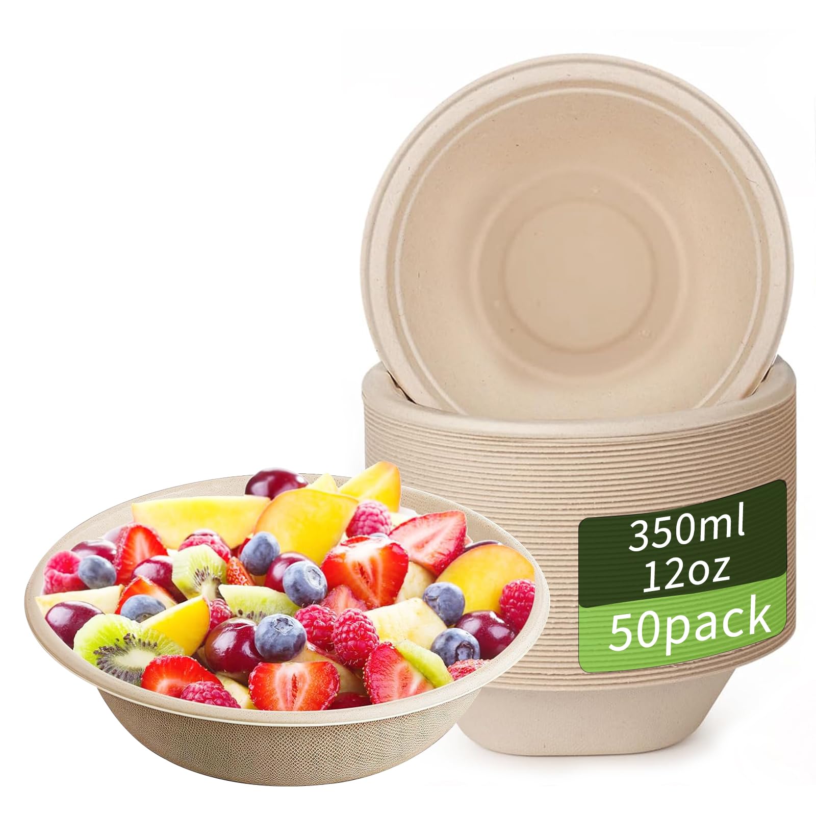 AMSGANK 50 Stück Einwegpapierschalen, 350ML Biologisch Abbaubar und Kompostierbar Einwegschalen Einmalgeschirr Einweg Suppenschalen Salatschale Perfekt für Party und Picknicks (12 oz)