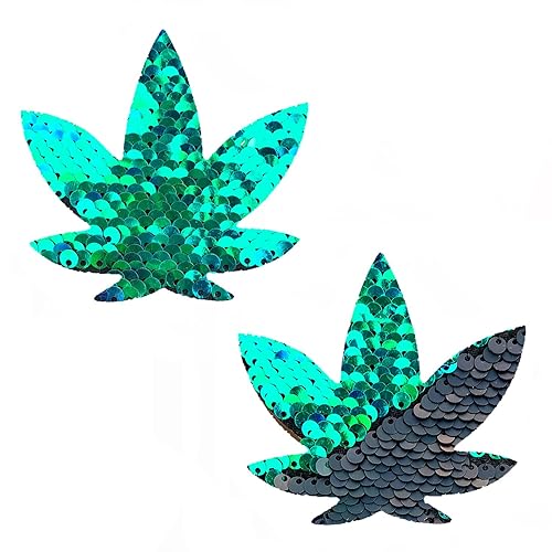 Neva Nude Dope AF Weed Leaf Nipztix Pasties Nipple Covers - Sequin - Ariel Green Black Sequin