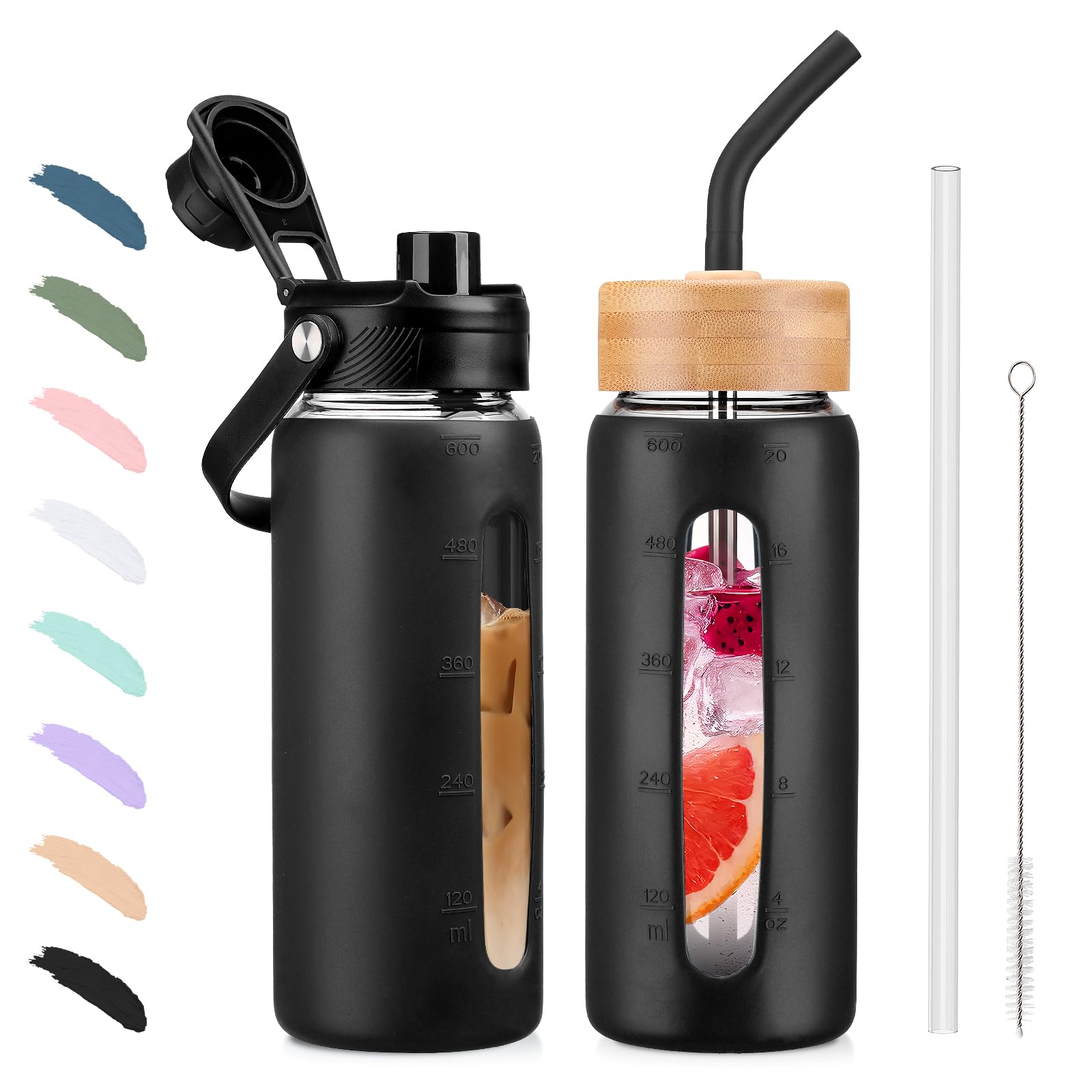 BLUEGO Borraccia in vetro da 600ml con cannuccia e 2 coperchi, tazza da caffè in vetro con custodia in silicone, senza BPA, Nero