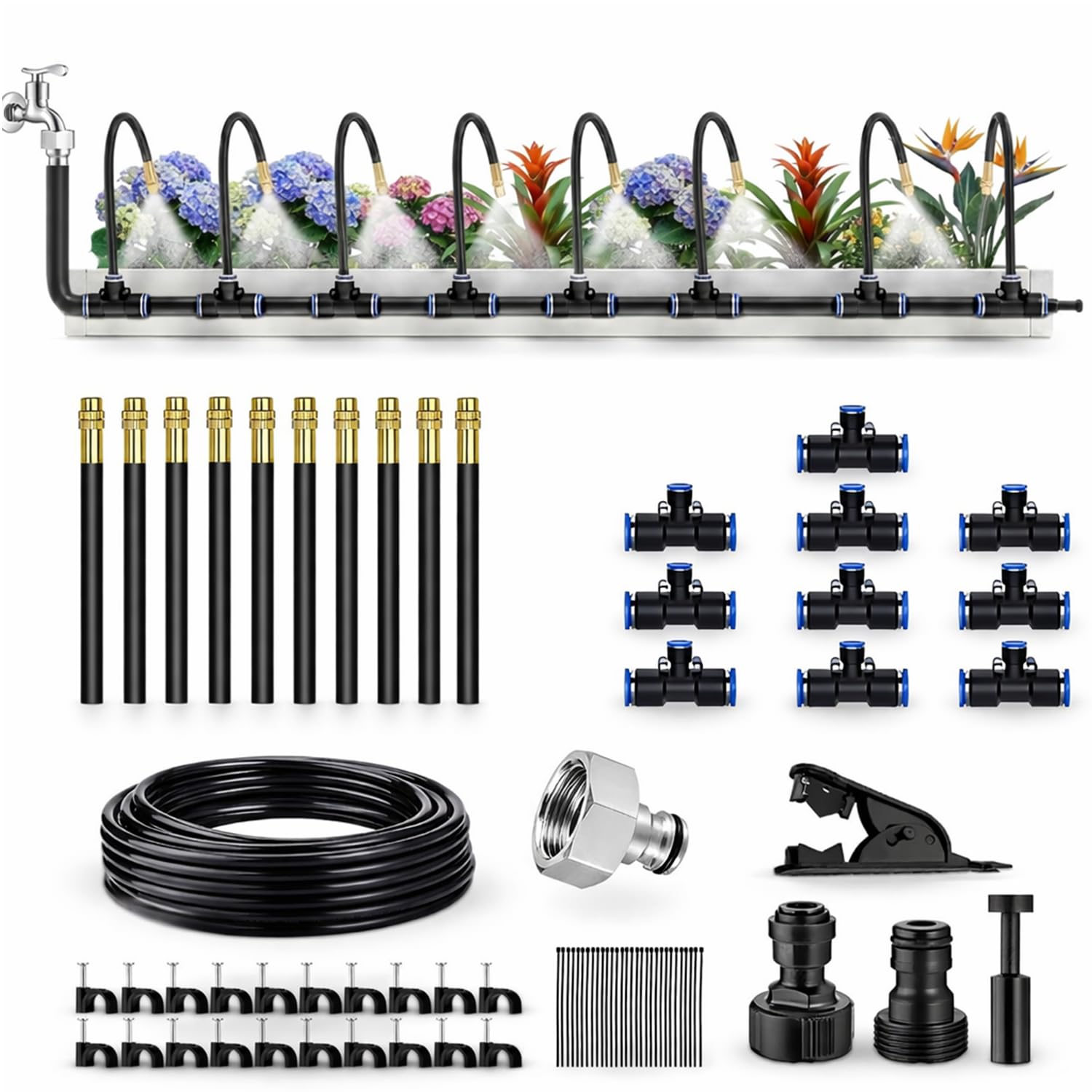 Greenfields Drip Irrigation System Kit 33FT/10M Garden Watering Kit with 10 Adjustable Bendable Misting Nozzles Automatic Plant Watering for Garden Lawn Greenhouse Raised Beds