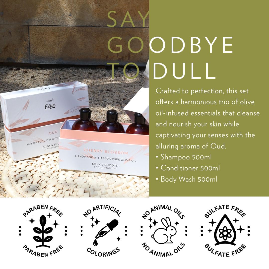 Made with Natural Ingredients 100% Pure Olive Oil 3 Piece Bath Set Oud Scent | Shampoo, Conditioner & Body Wash | Nourishing, Moisturizing Hair & Skin Care Gift for Women and Men