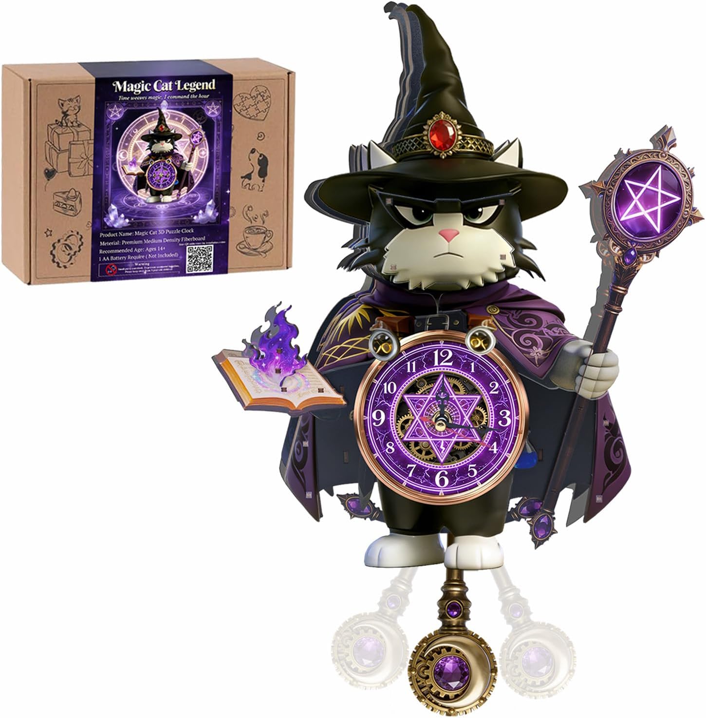 3D Wooden Puzzle Clock for Adults and Kids,Magic Cat Legend Wizard Cat 3D Stackable Design, 3D Puzzles for Adults Kids Room Home Decor, Unique Gift for DIY Enthusiasts & Fantasy Lovers