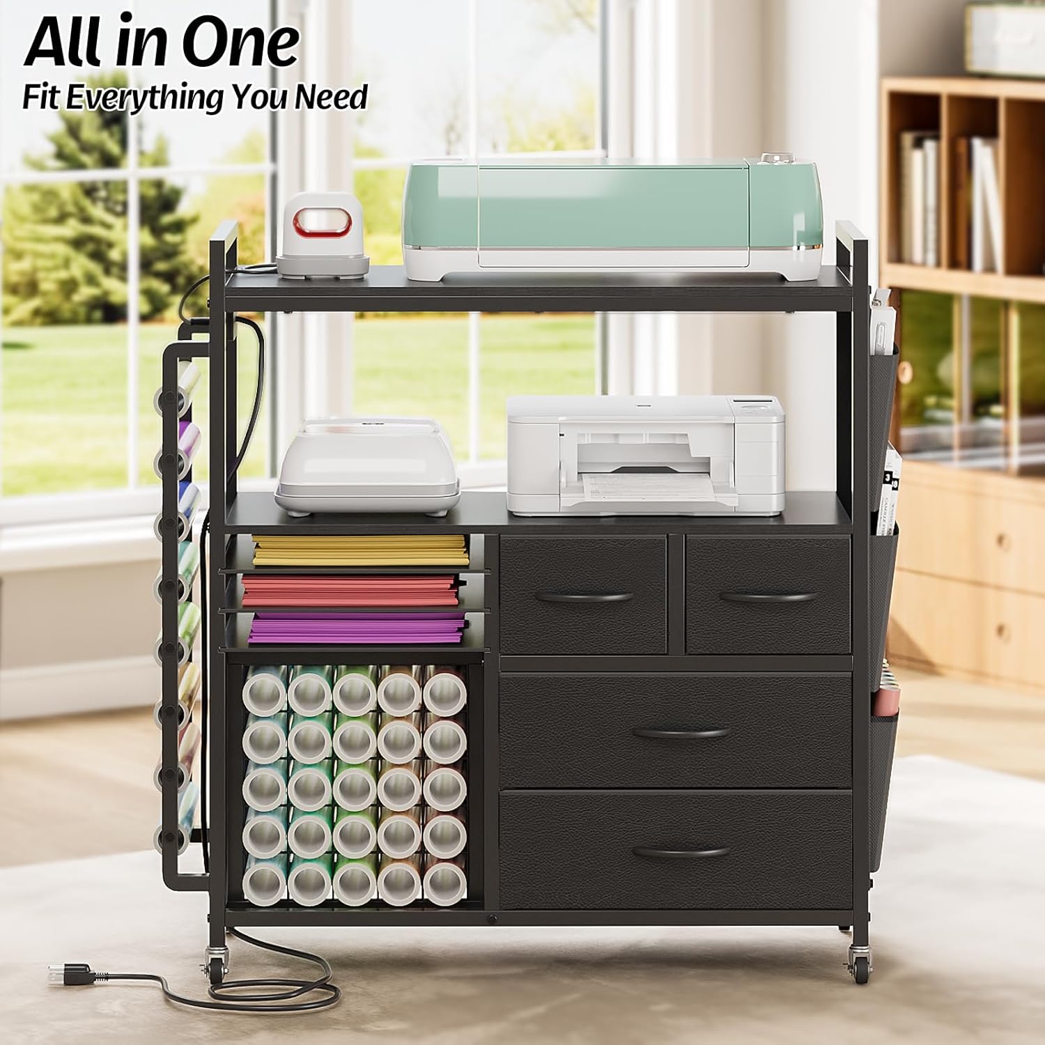 Large Craft Organizer and Storage Rolling Cart Compatible with Cricut Machine with Fabric Drawers Vinyl Roll Holder Accessories for Home Craft Workstation Room (Black)