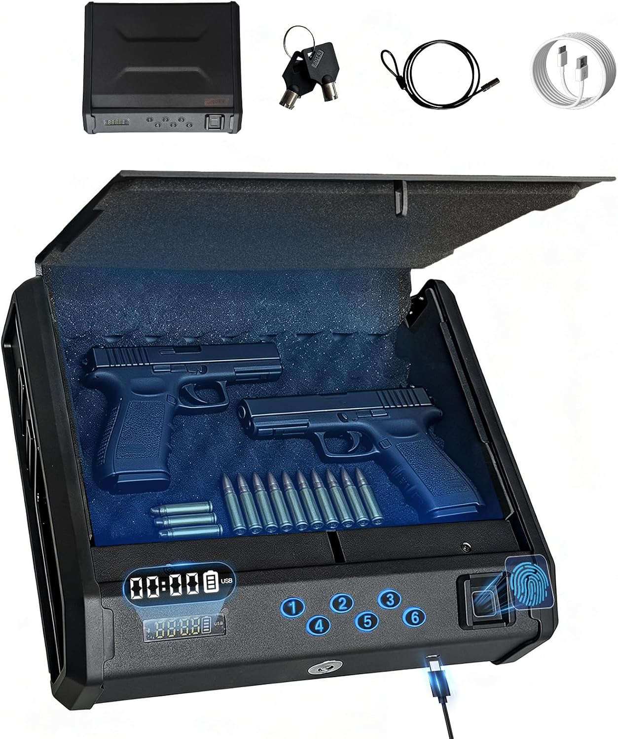 gun safe LCD Display Handgun Safe, Rapid Access Pistol Safe with Fingerprint, Keypad and Keys, Holds 2‑4 Handguns, Gun Lock Box for Home Drawer, Bedside & Nightstand Use