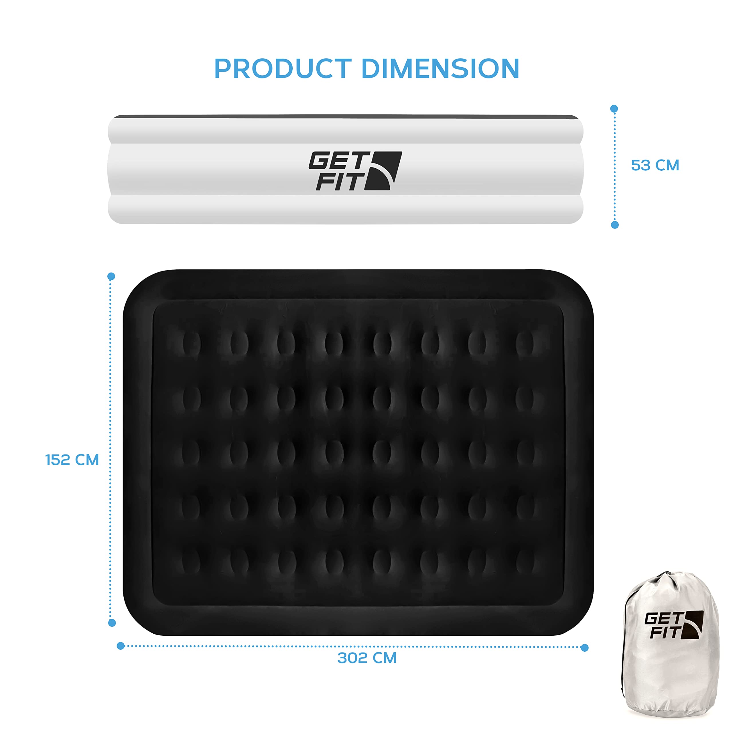Get Fit Air Bed with Built In Electric Pump - Premium King Size - Blow Up Bed with 2 x Free Pillows - Elevated Inflatable Air Mattress for Outdoor, Camping, Tents - White/Black