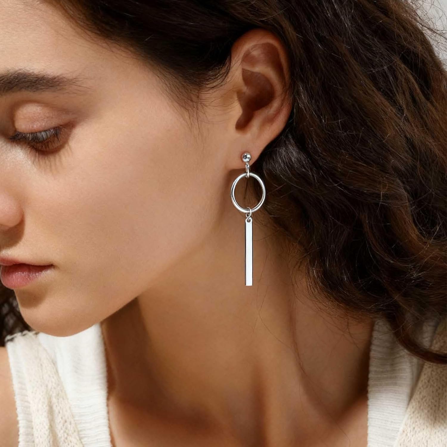 Vintage Vertical Bar Earrings Silver Bar Dangle Earrings Hollow Circle Earring Minimalist Circle Drop Earring Jewelry for Women - Image 5
