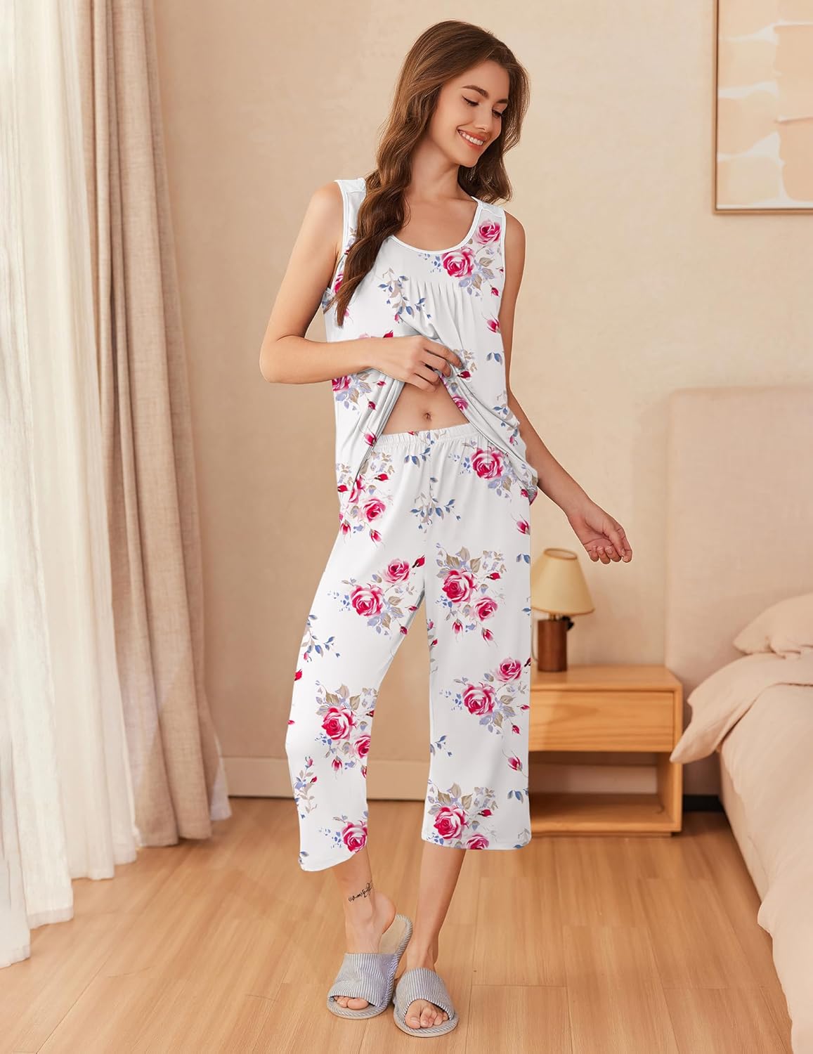 Ekouaer Capri Pajama Sets for Women 2 Piece Soft Cute Pjs Round Neck Sleeveless Lounge Set for Summer Sleepwear S-XXXL - Image 4