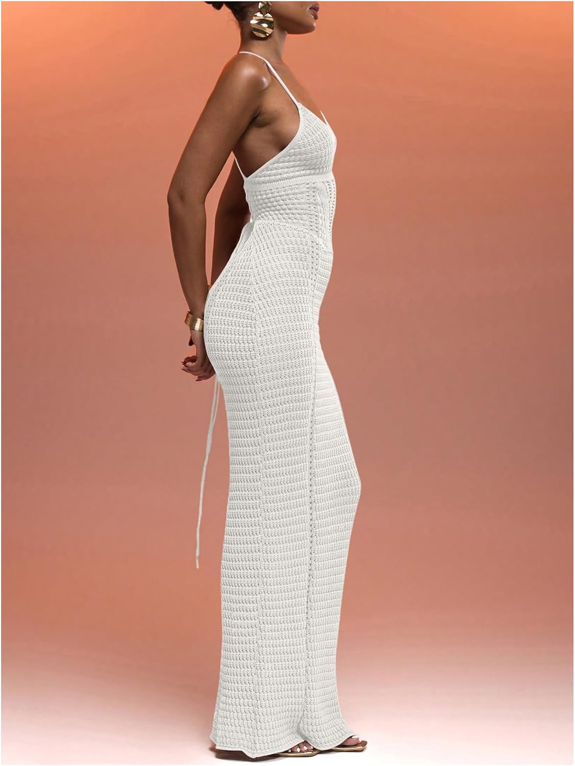 GORGLITTER Women's Crochet Knit Maxi Dress Lace Up Bodycon Beach Cover up Dresses - Image 2