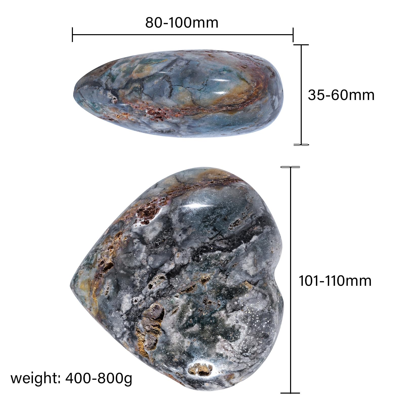 mookaitedecor 101-110mm Ocean Agate Jasper Crystal Love Heart Stone Crystal for Love Palm Worry Stone Reiki Healing Pocket Crystal Heart Ornament for Home Heart Gift for Crystal Collectors - Image 2