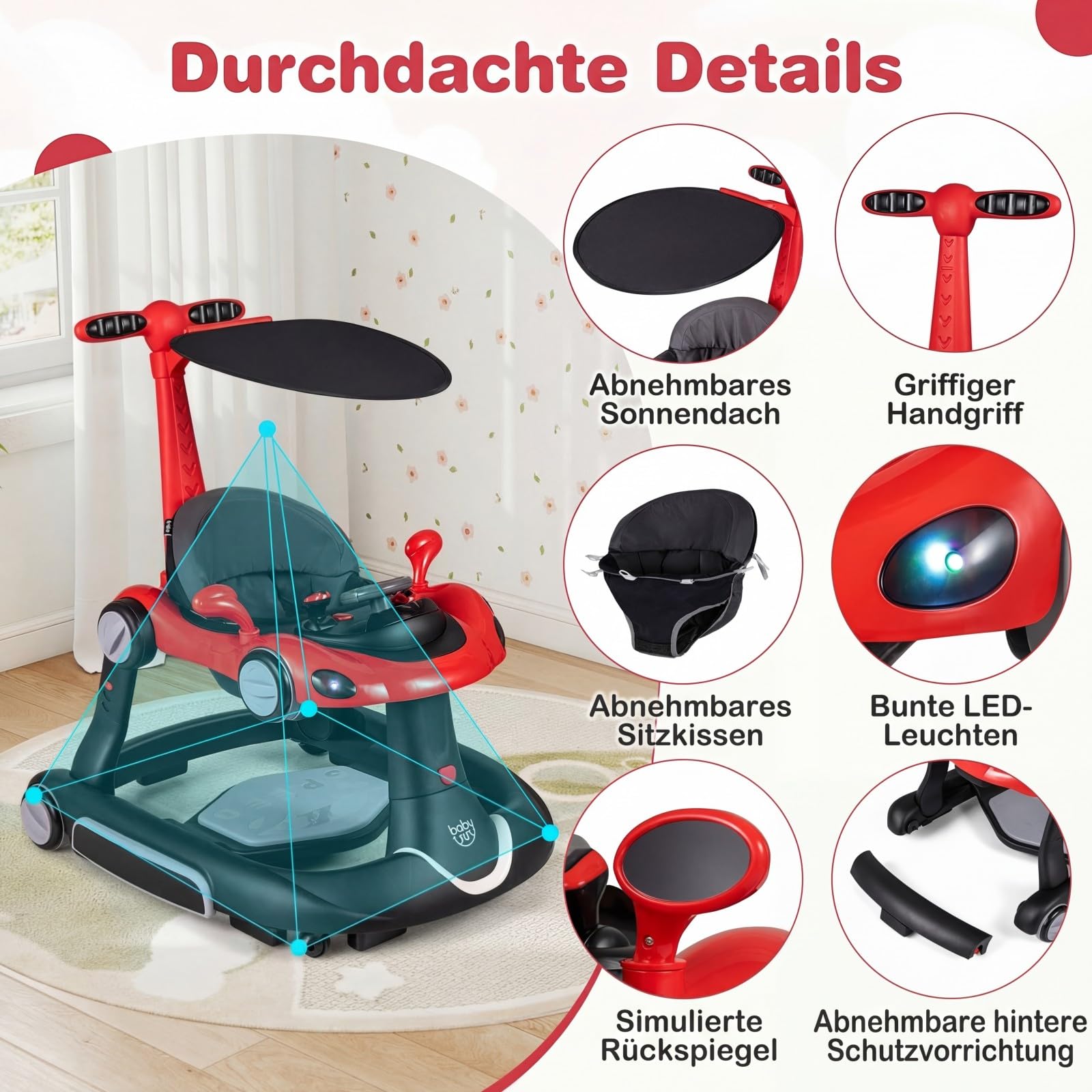 GIANTEX 7 en 1 Trotteur Bébé, Trotteur Marche Bebe Évolutif Pliable, 3 Hauteur Réglable, Capote&Tapis de Saut Amovibles, Roues Contrôle Vitesse et Sonores&Lumière, 7-18 Mois, Charge 12KG (Noir+Rouge)